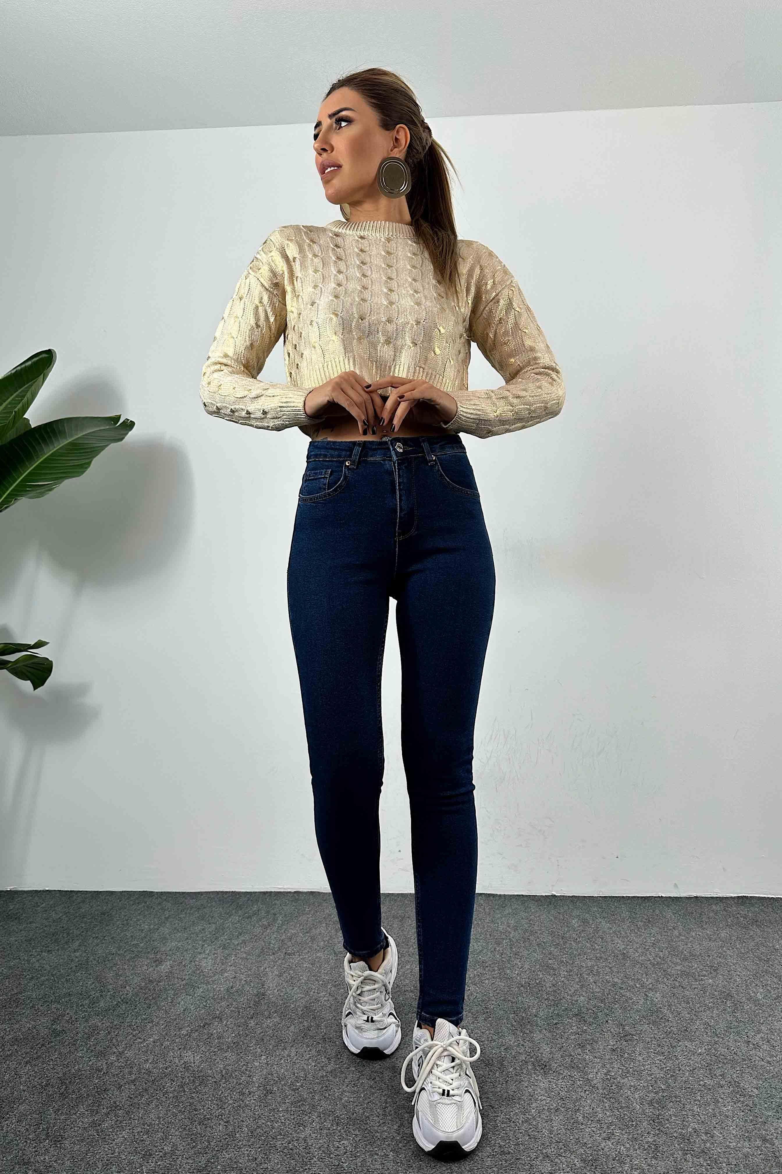Yüksek Bel Kadın Slim Fit Jean Pantolon Koyu Mavi