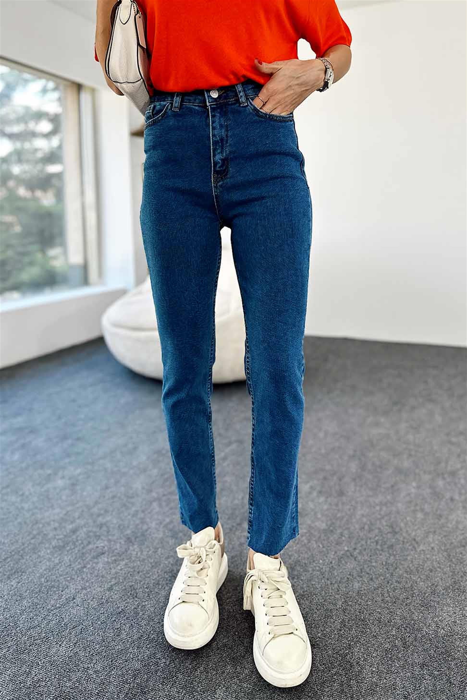 Yüksek Bel Kesik Paça Detay Boyfriend Jean Pantolon Mavi