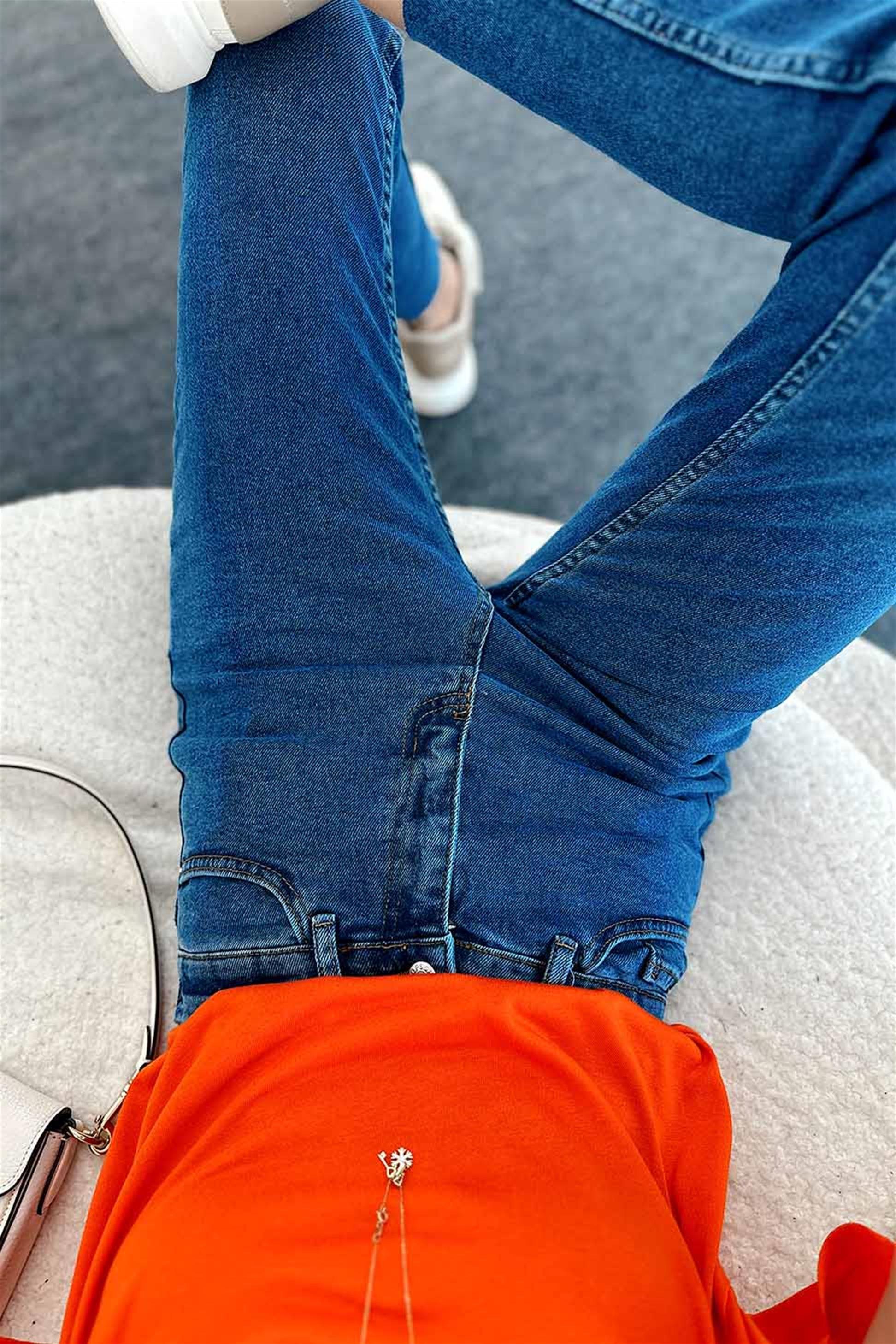 Yüksek Bel Kesik Paça Detay Boyfriend Jean Pantolon Mavi