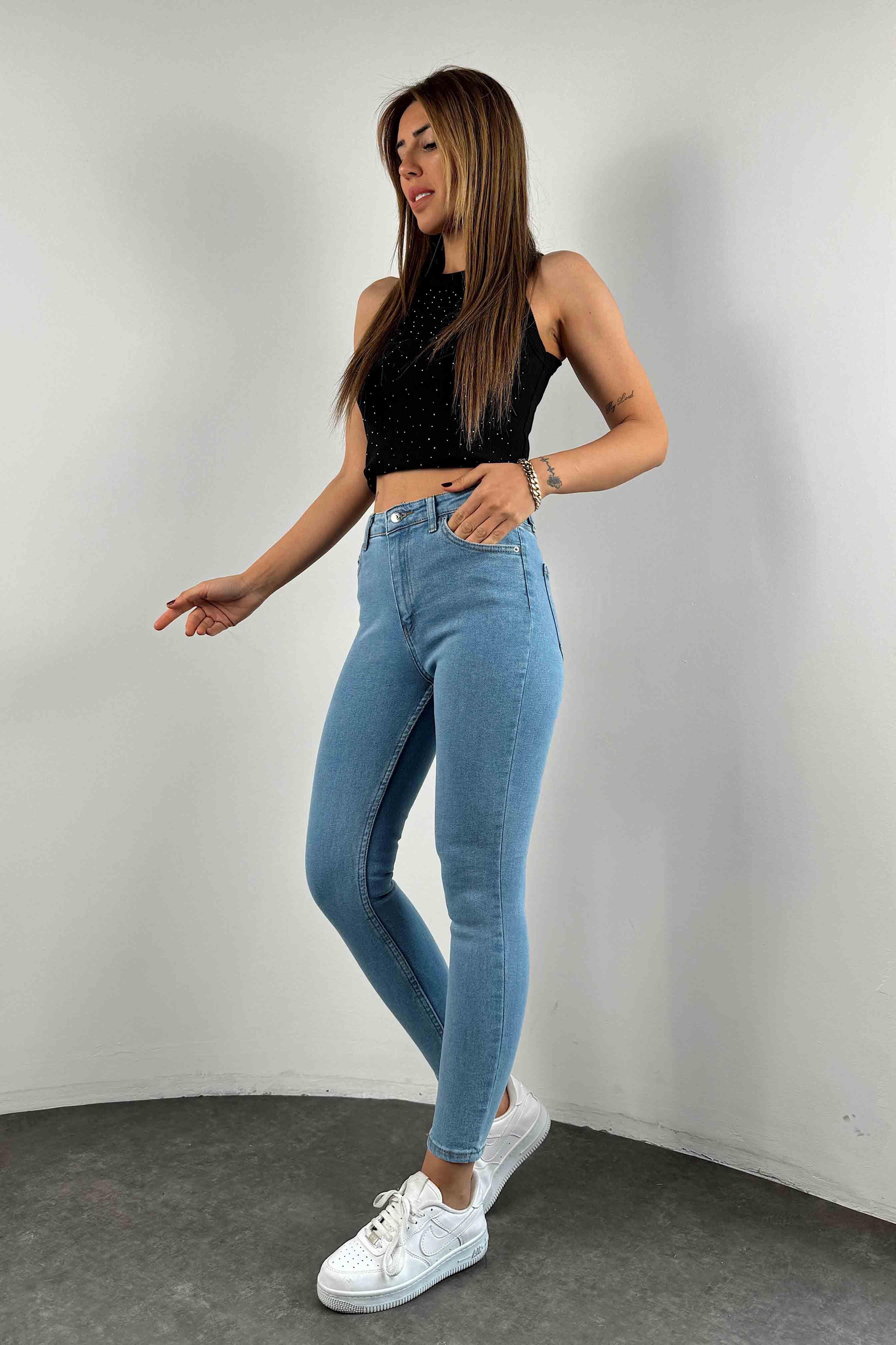 Yüksek Bel Likralı Skinny Jean Açık Mavi