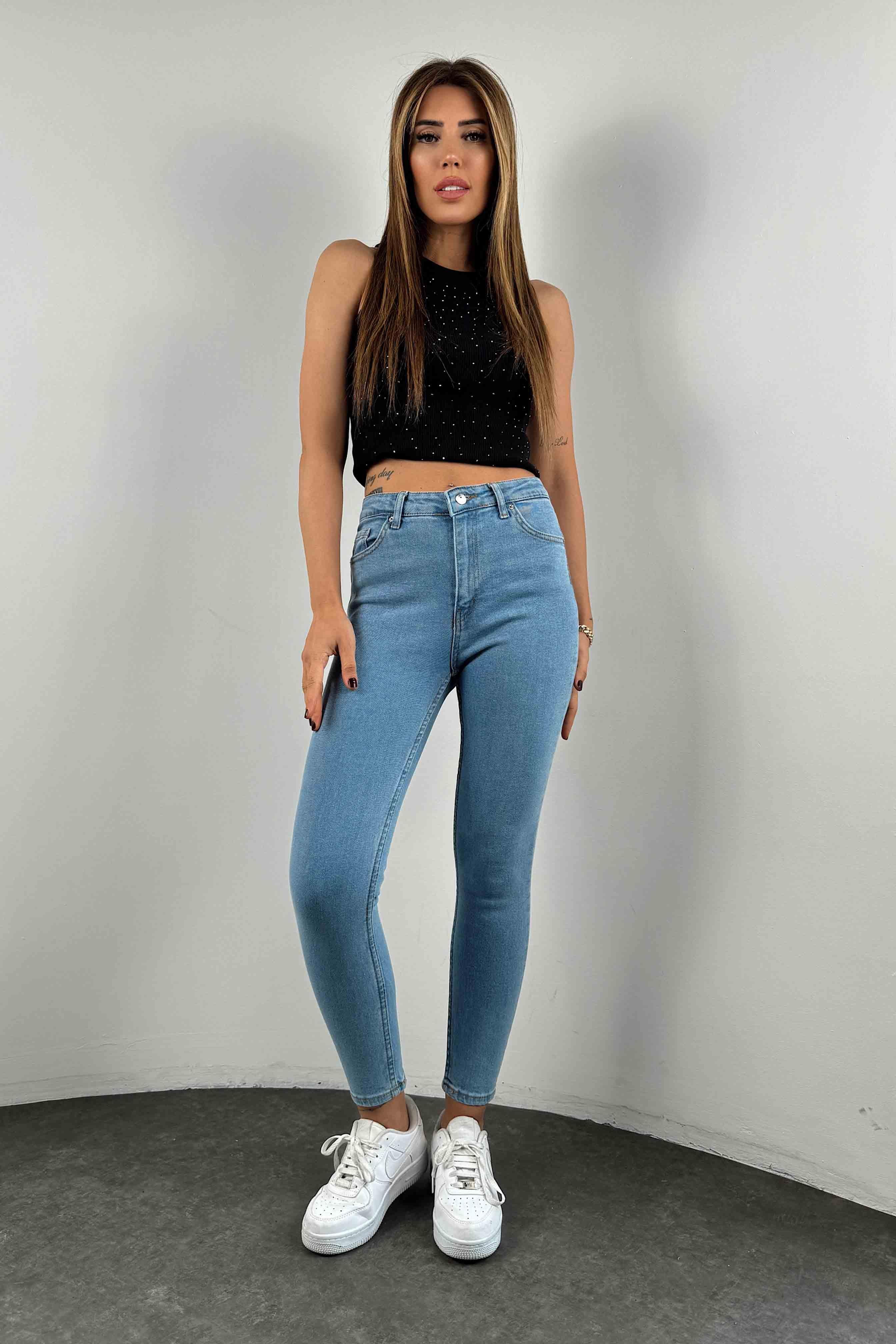 Yüksek Bel Likralı Skinny Jean Açık Mavi