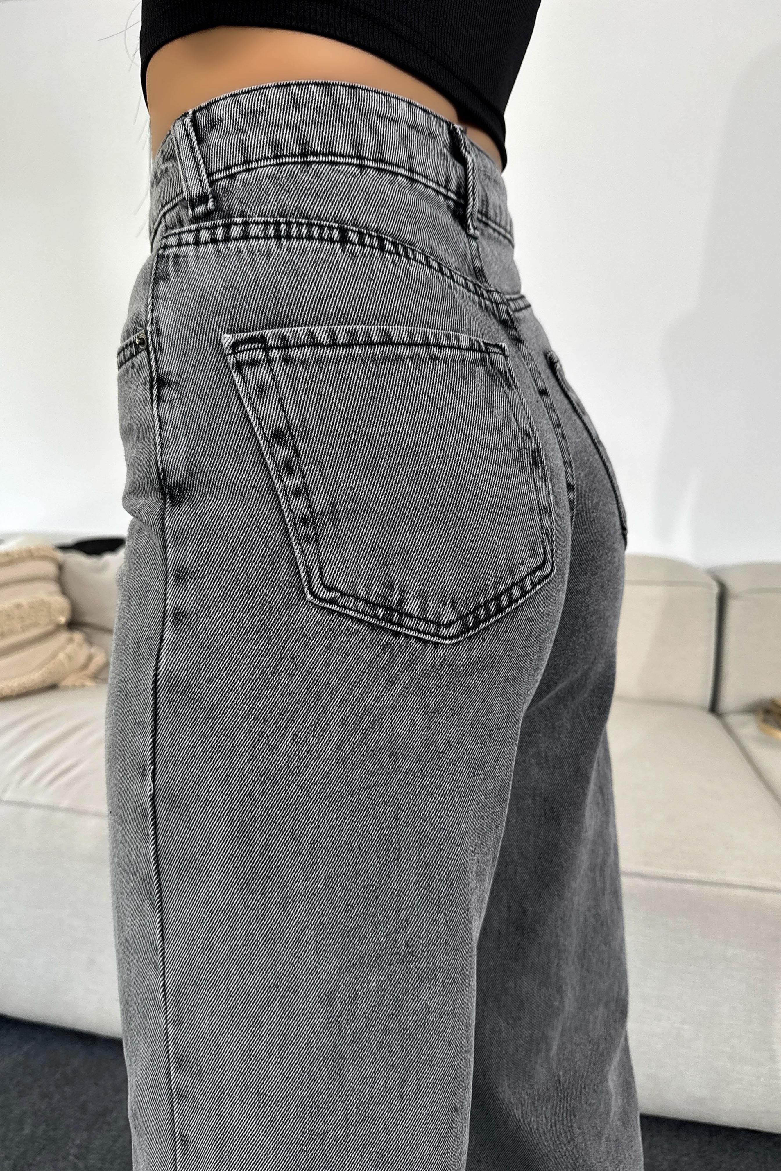 Yüksek Bel Paçası Yırtık Detay Bol Kesim Jean Pantolon Füme