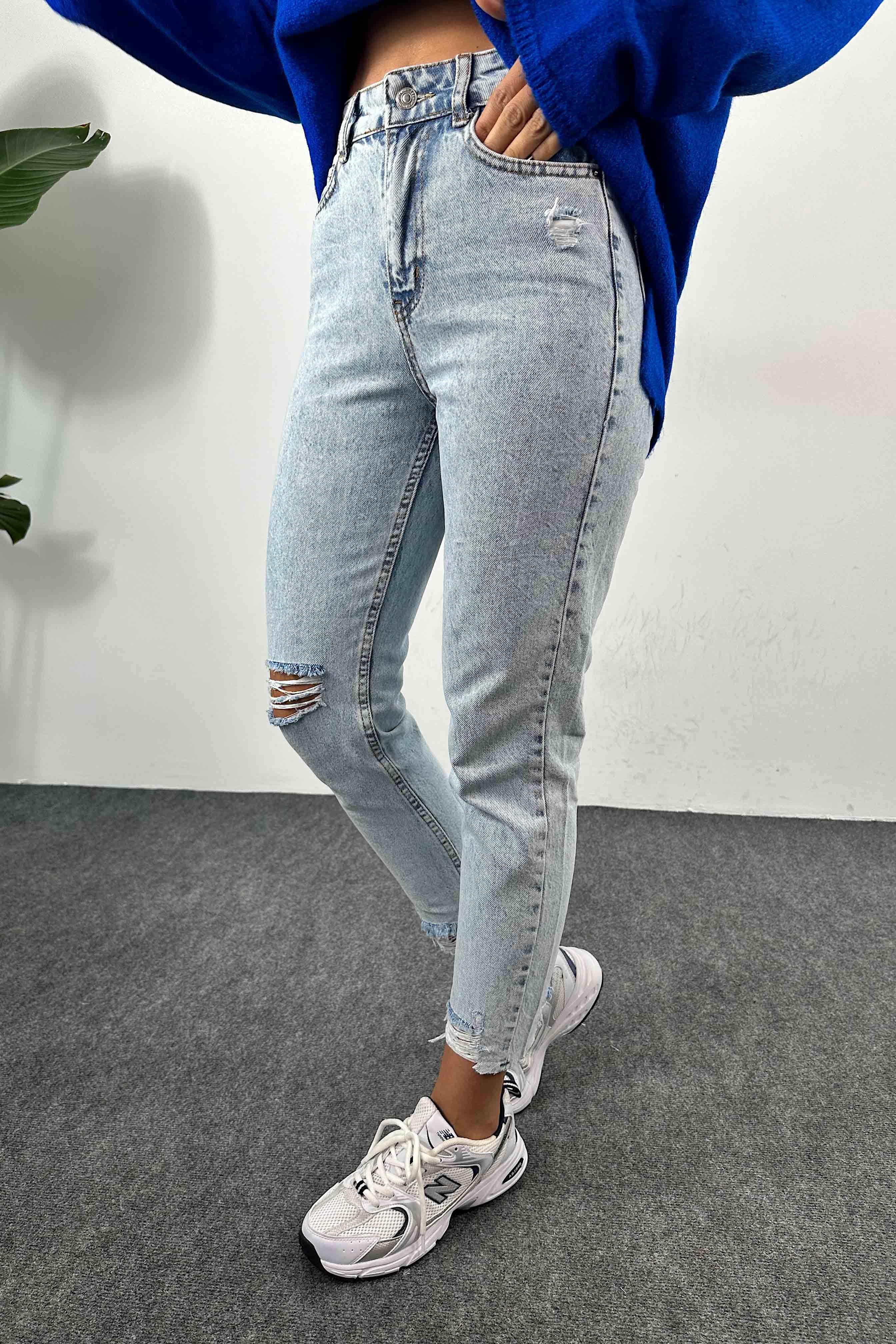 Yüksek Bel Püskül Detaylı Mom Jean Pantolon Buz Mavisi