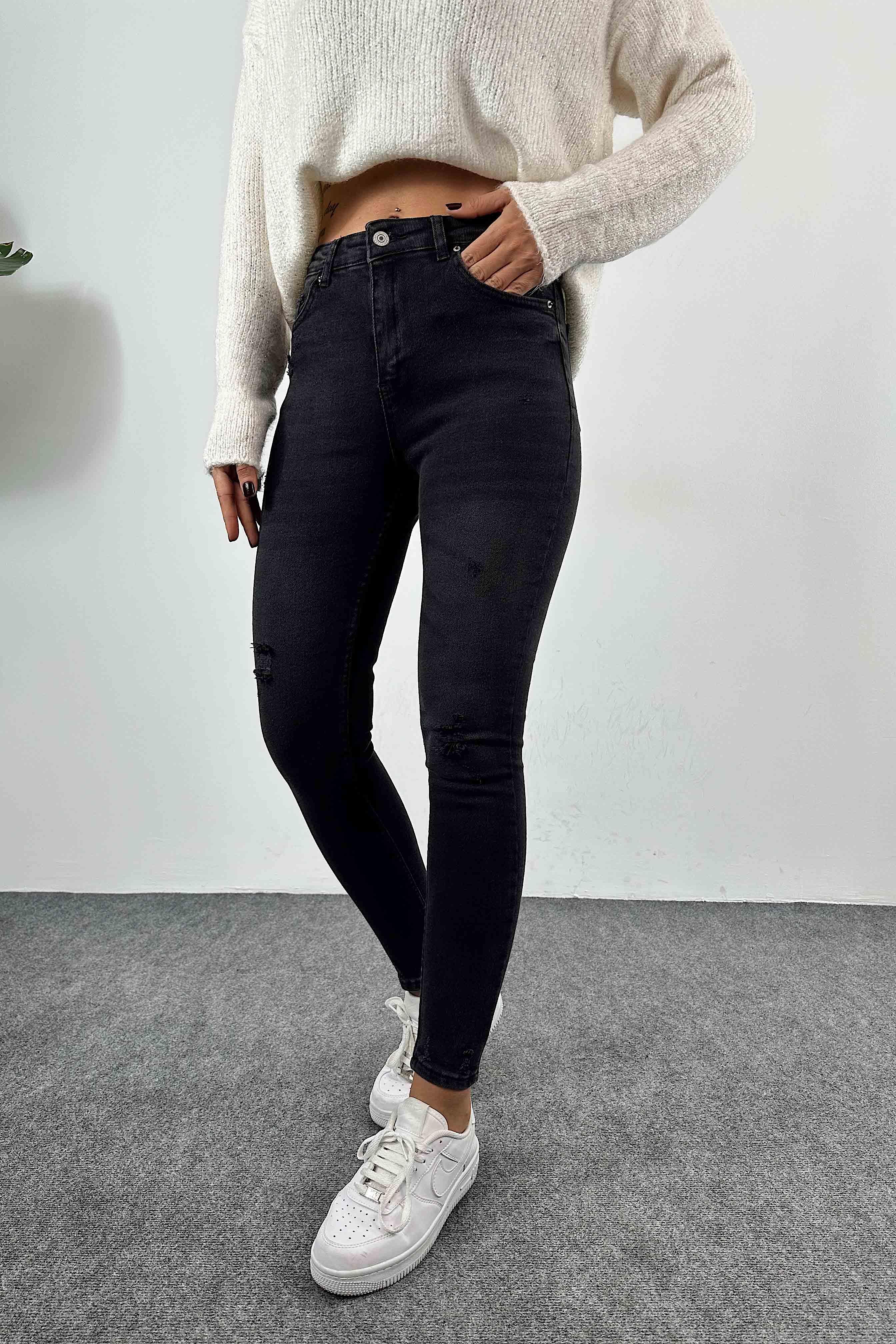 Yüksek Bel Skinny Kadın Jean Pantolon Füme