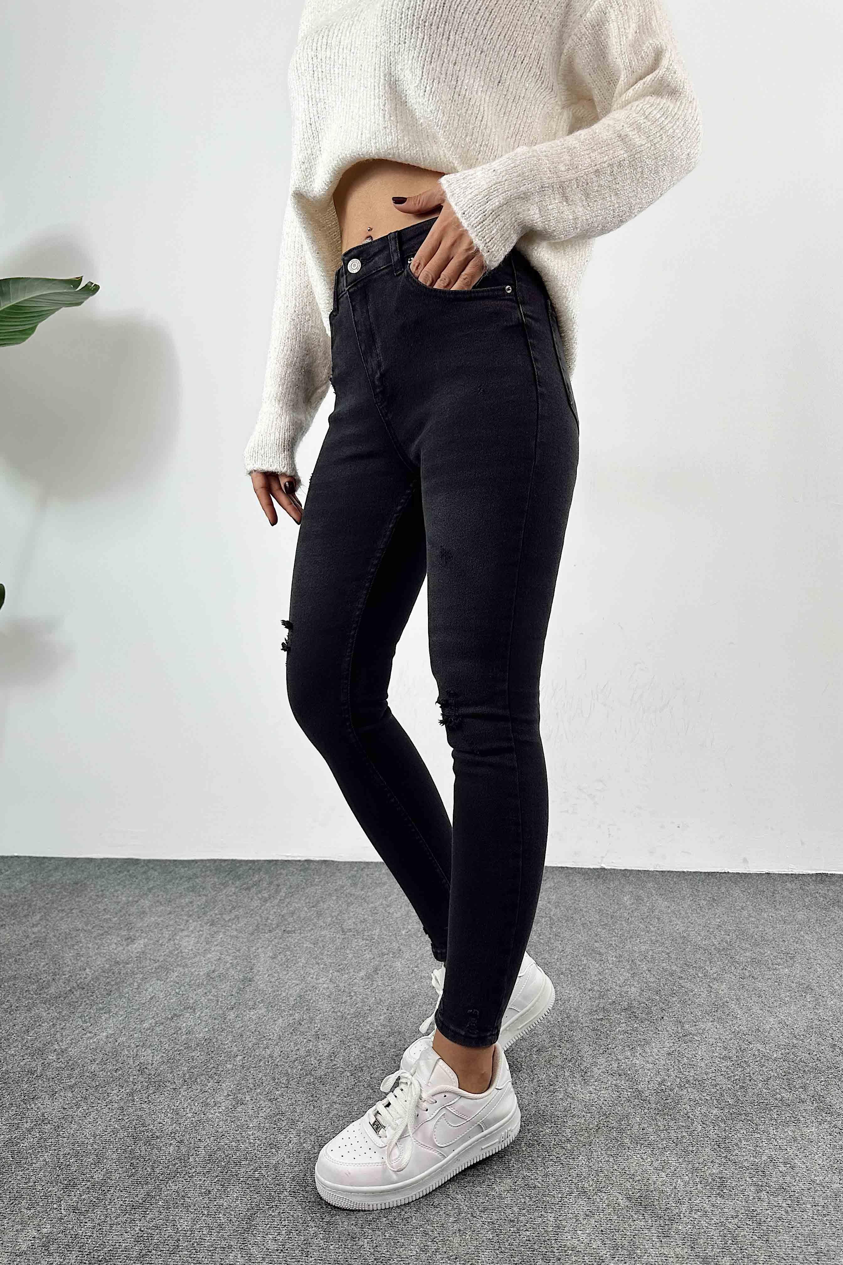 Yüksek Bel Skinny Kadın Jean Pantolon Füme