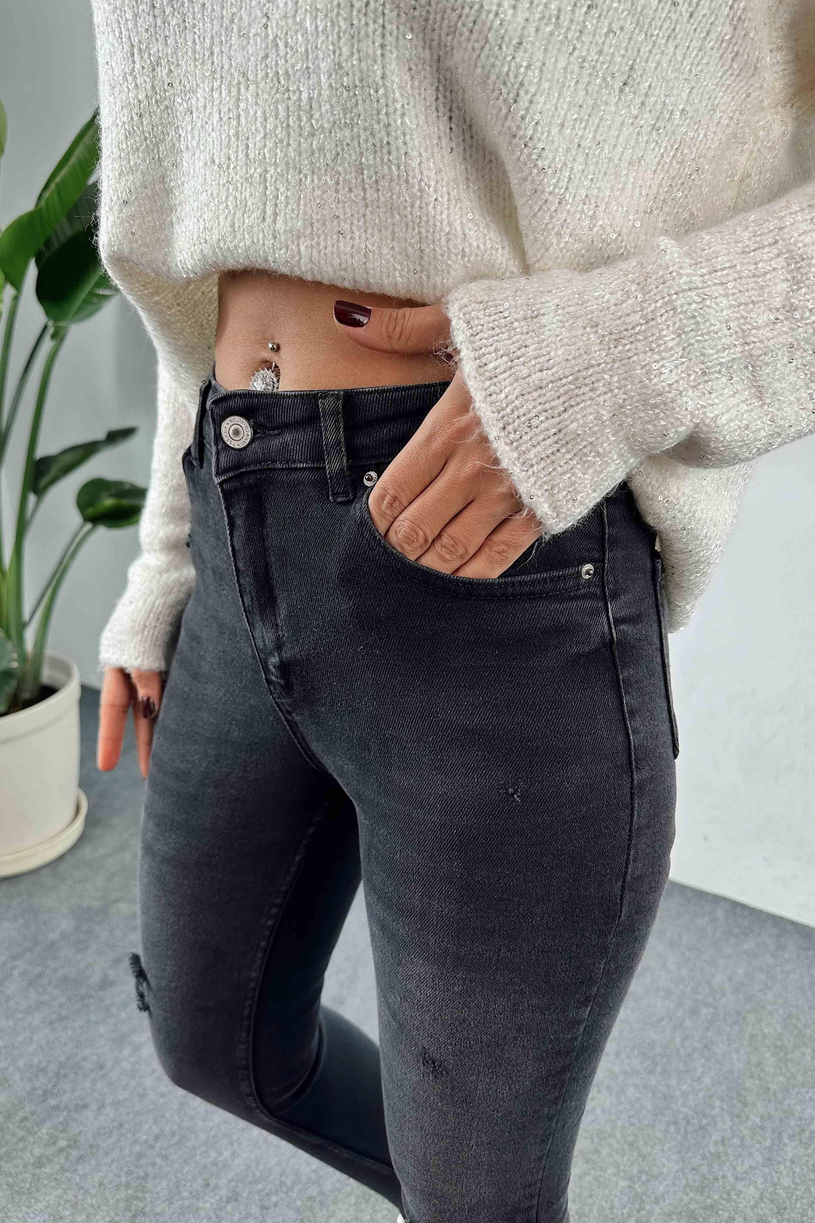 Yüksek Bel Skinny Kadın Jean Pantolon Füme