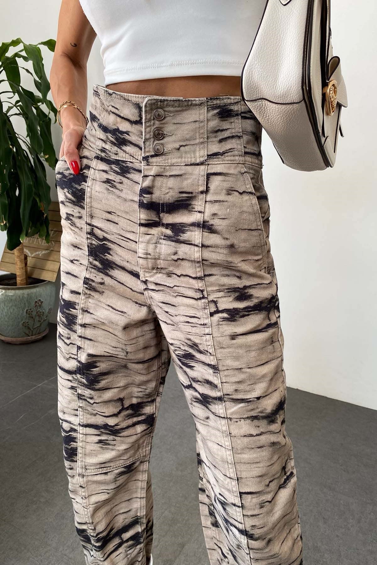 Yüksek Bel Slouchy Jean Pantolon Koyu Bej