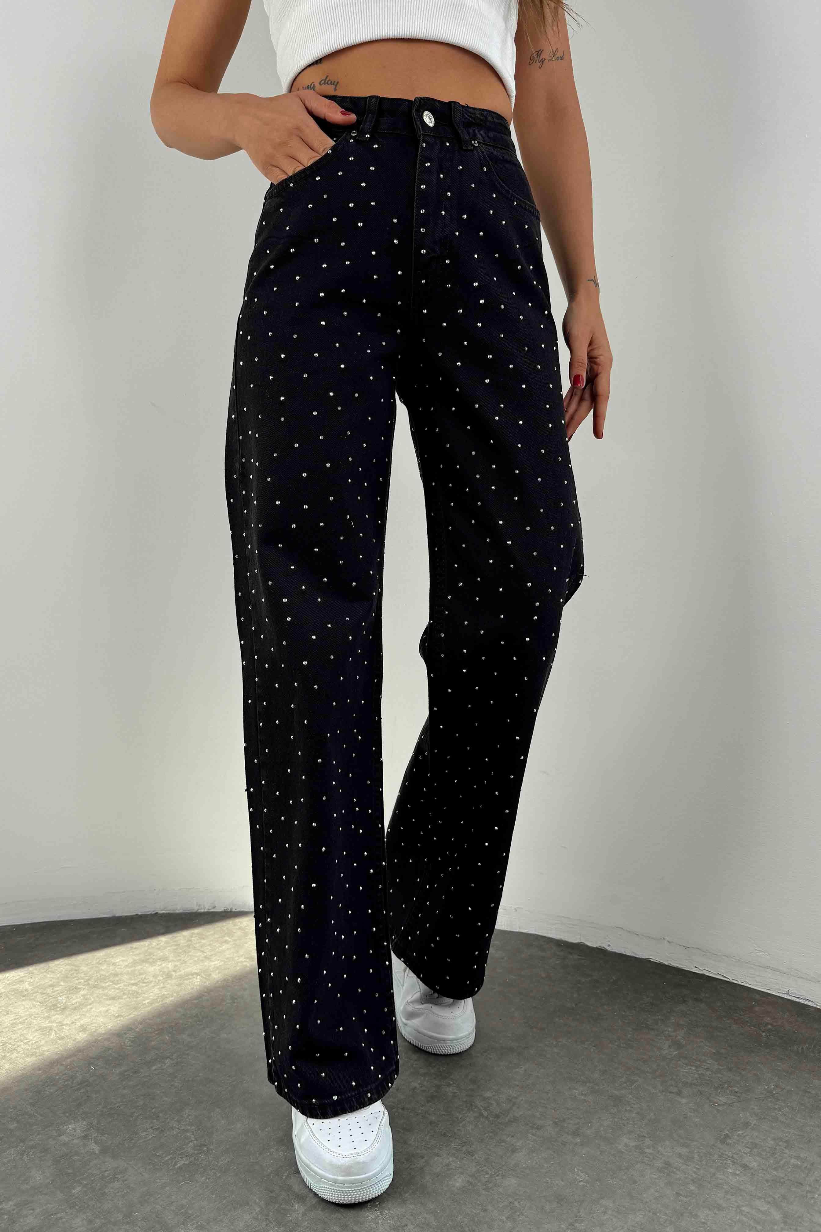 Yüksek Bel Swarovski Taşlı Palazzo Jean Antrasit
