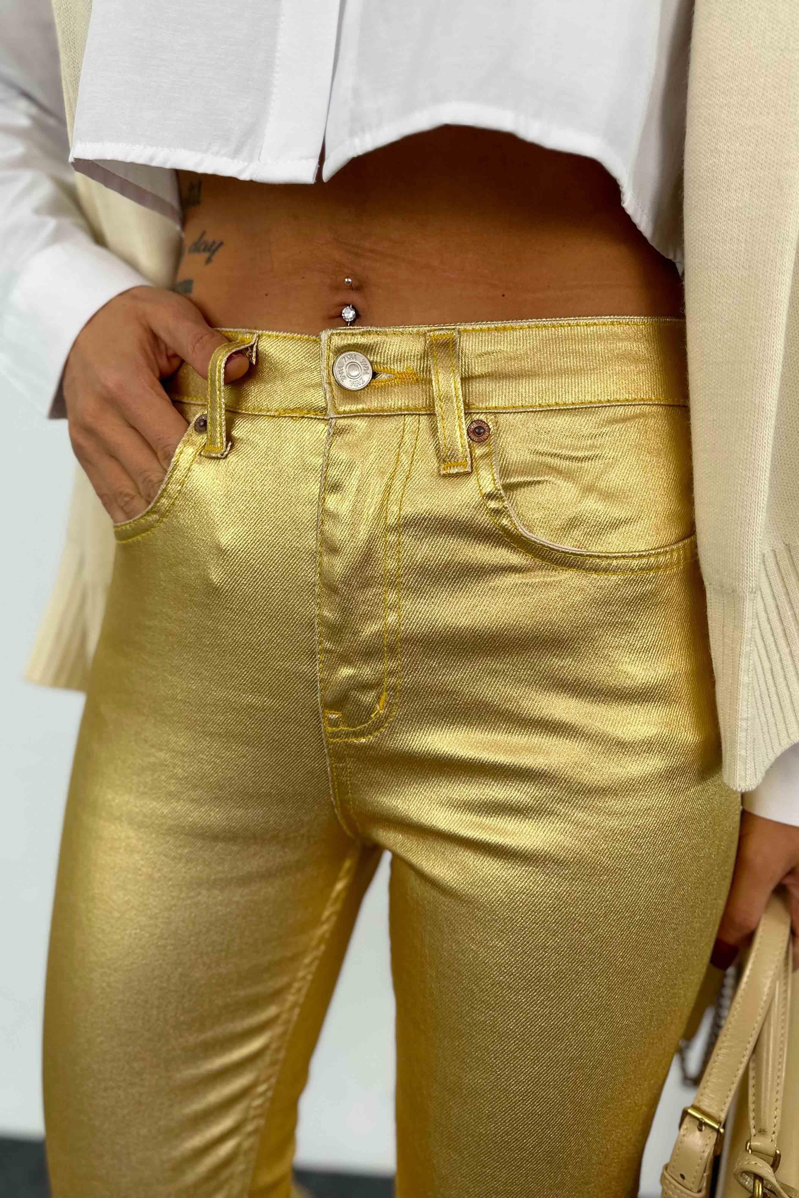 Yüksek Bel Varaklı Tasarım Kadın Jean Pantolon Gold