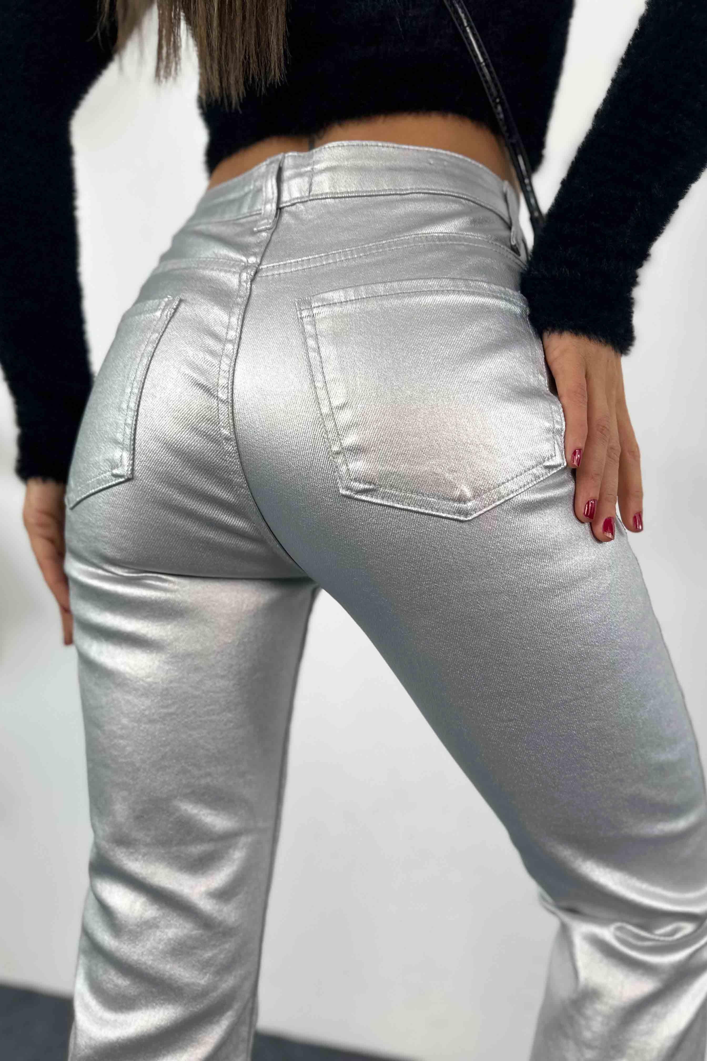 Yüksek Bel Varaklı Tasarım Kadın Jean Pantolon Silver
