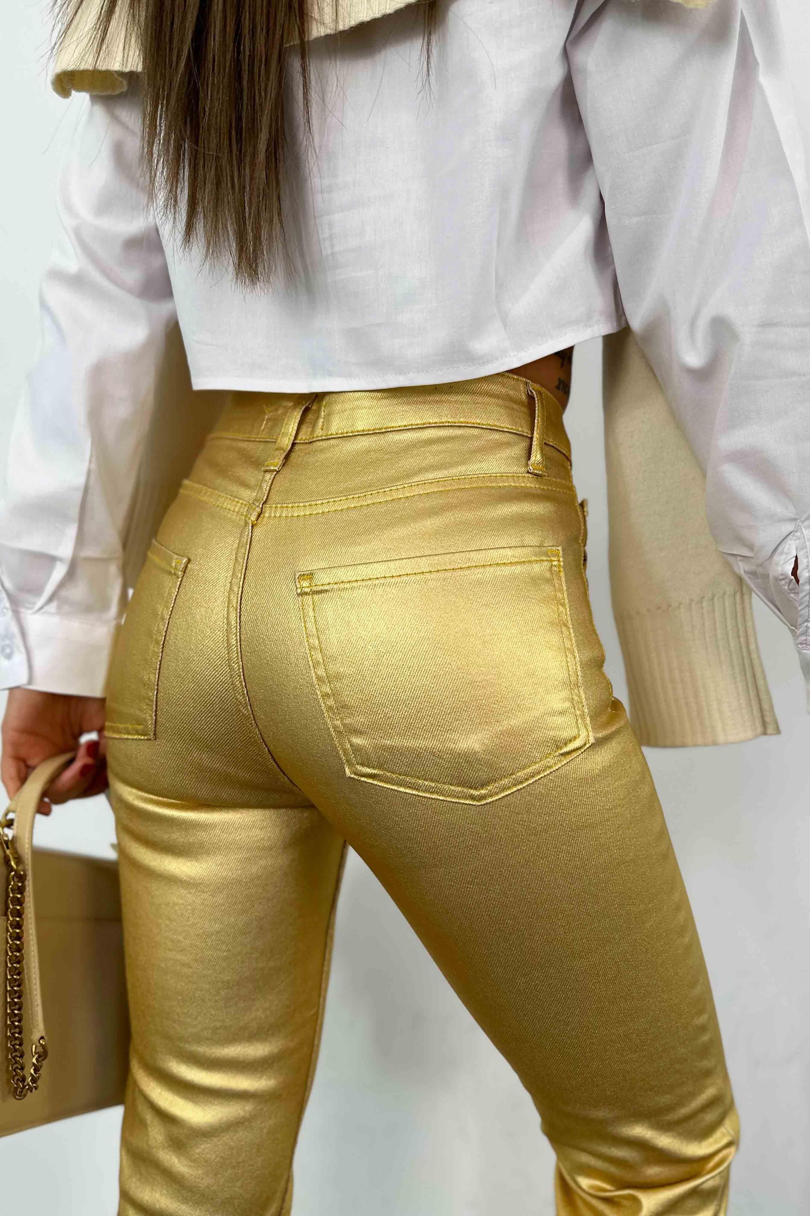 Yüksek Bel Varaklı Tasarım Kadın Jean Pantolon Gold