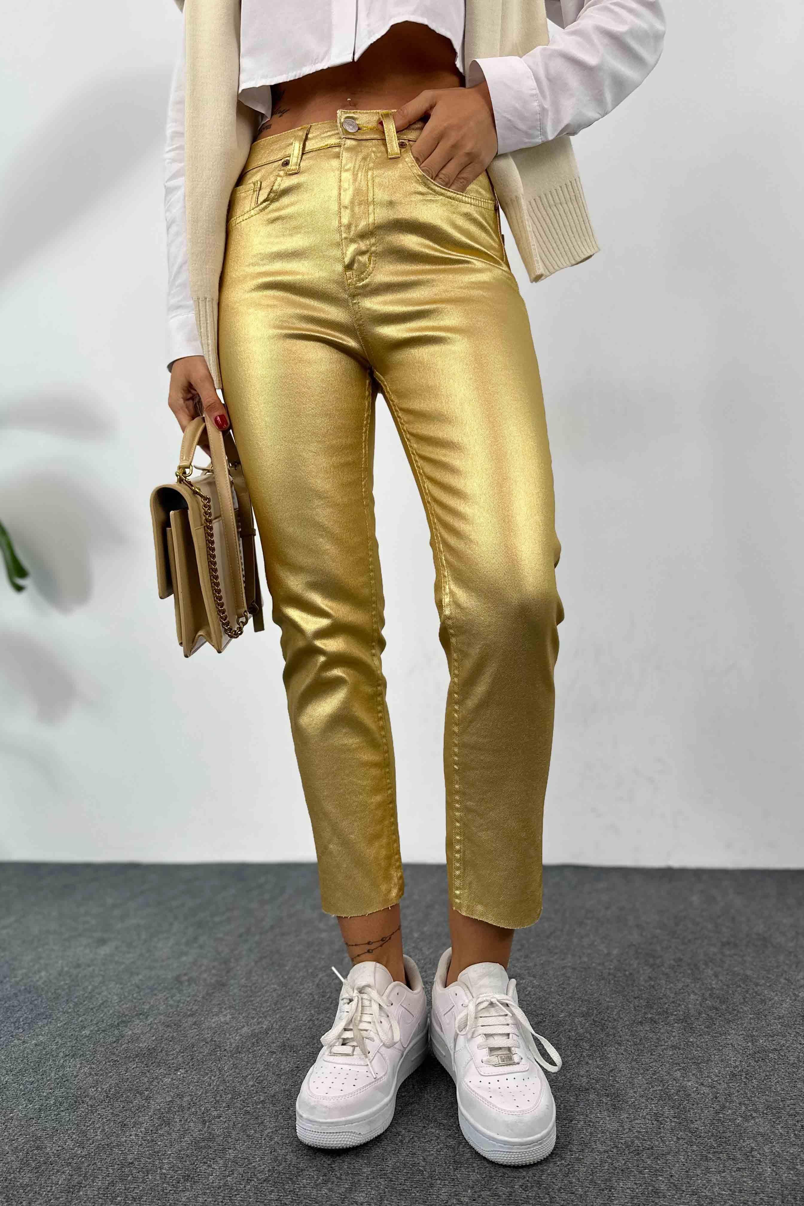Yüksek Bel Varaklı Tasarım Kadın Jean Pantolon Gold