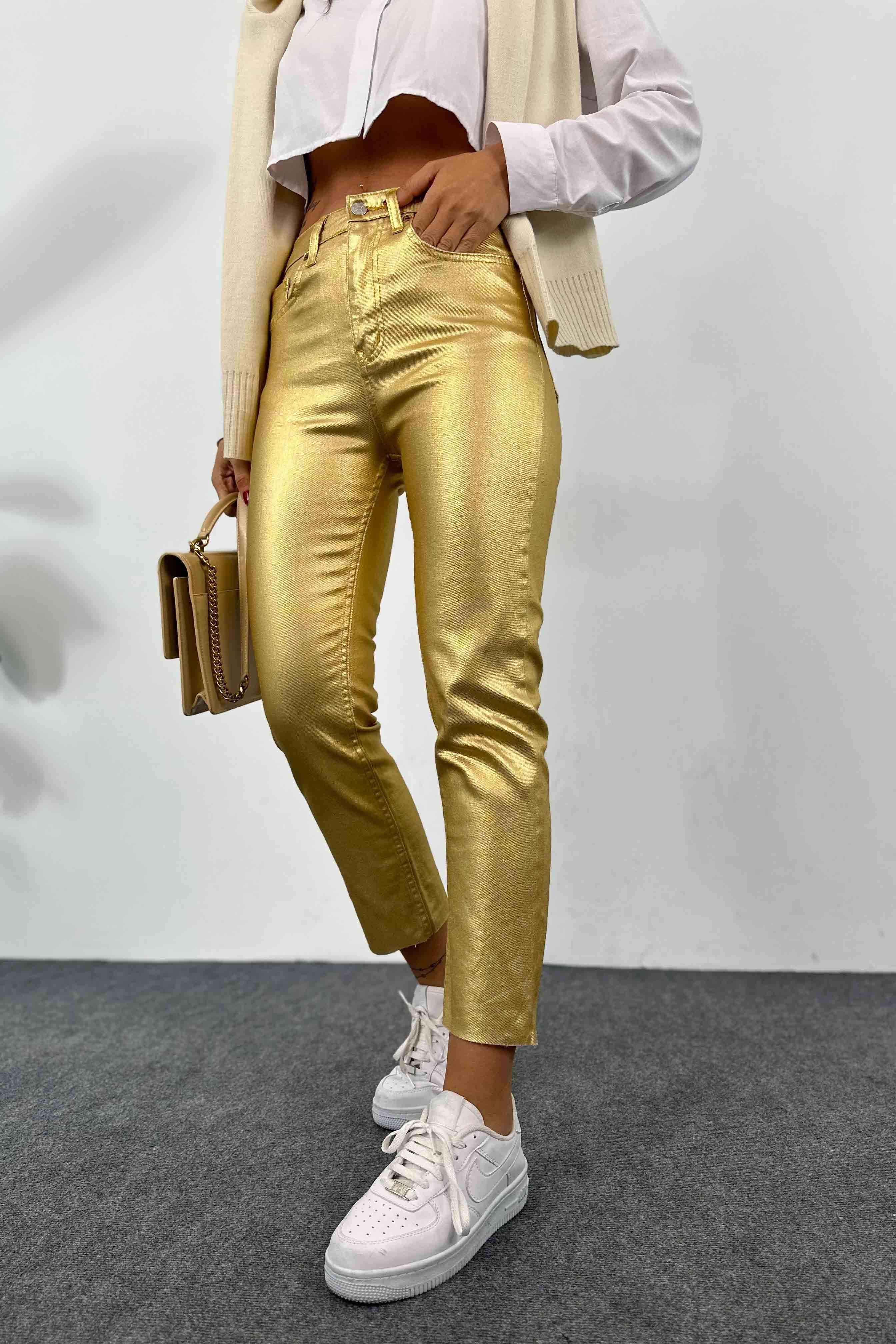 Yüksek Bel Varaklı Tasarım Kadın Jean Pantolon Gold