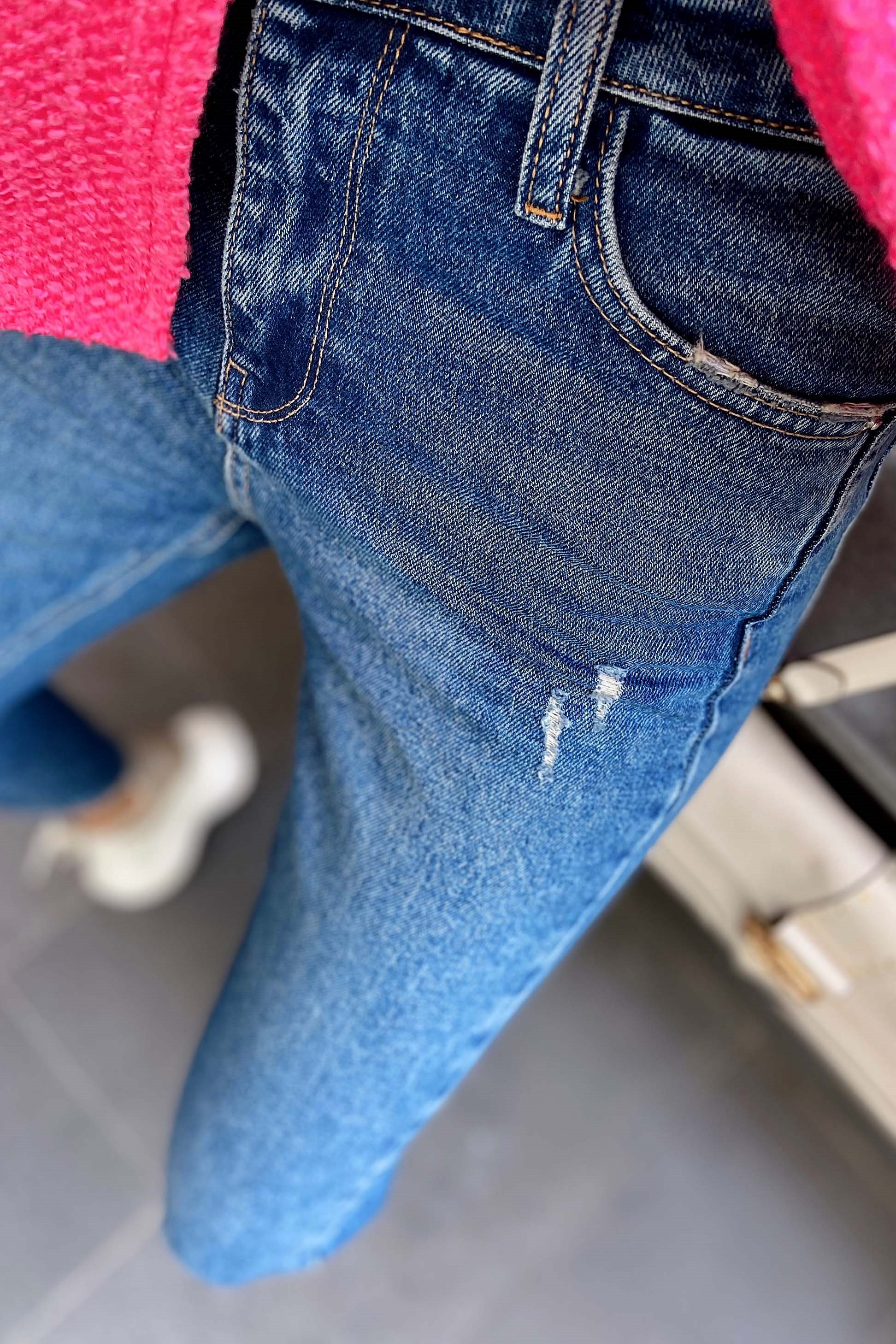 Yüksek Bel Yırtık Detay Mom Jean Pantolon Mavi