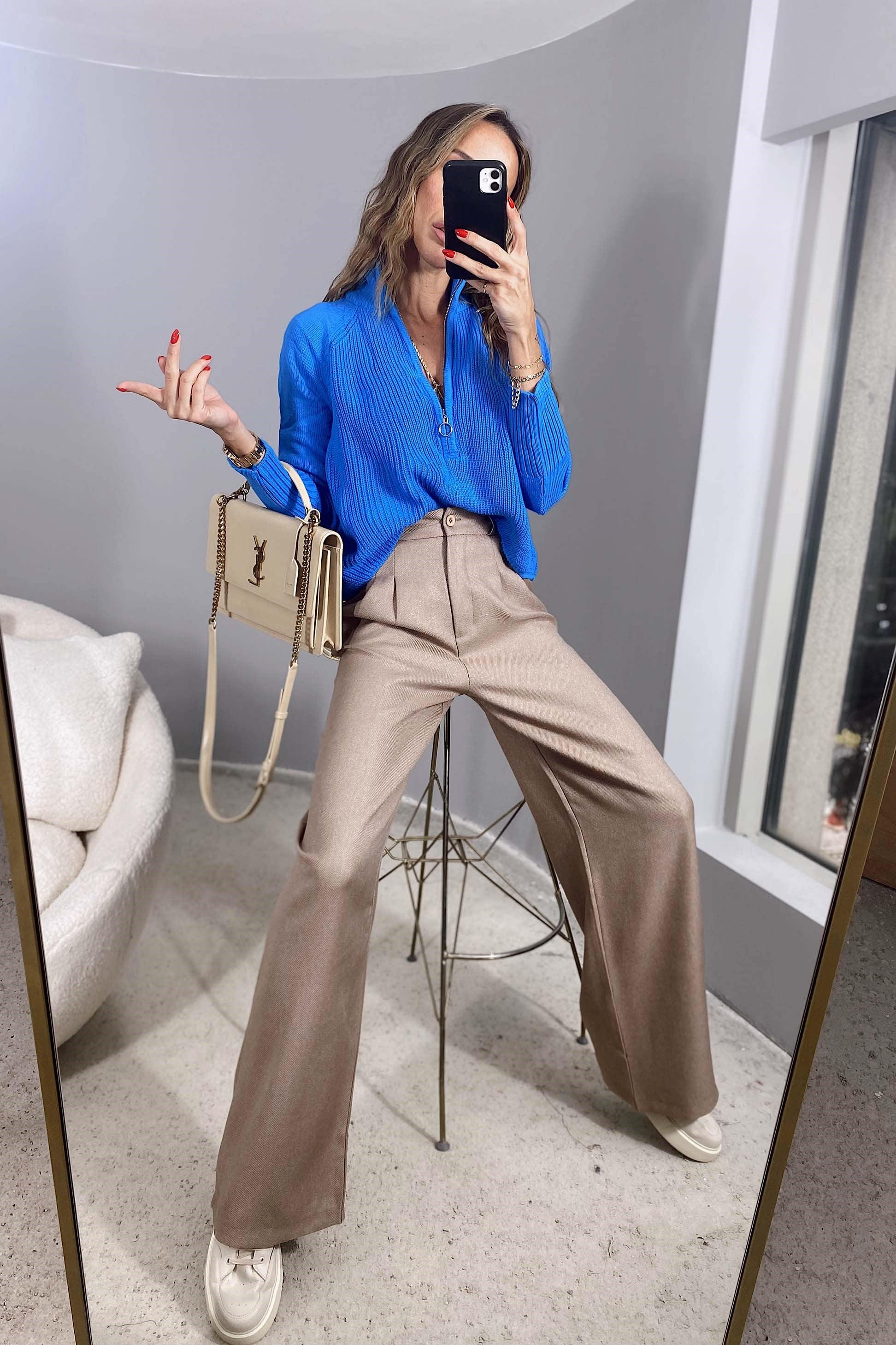 Yüksek Bel Yün Efektli Bol Pantolon Camel