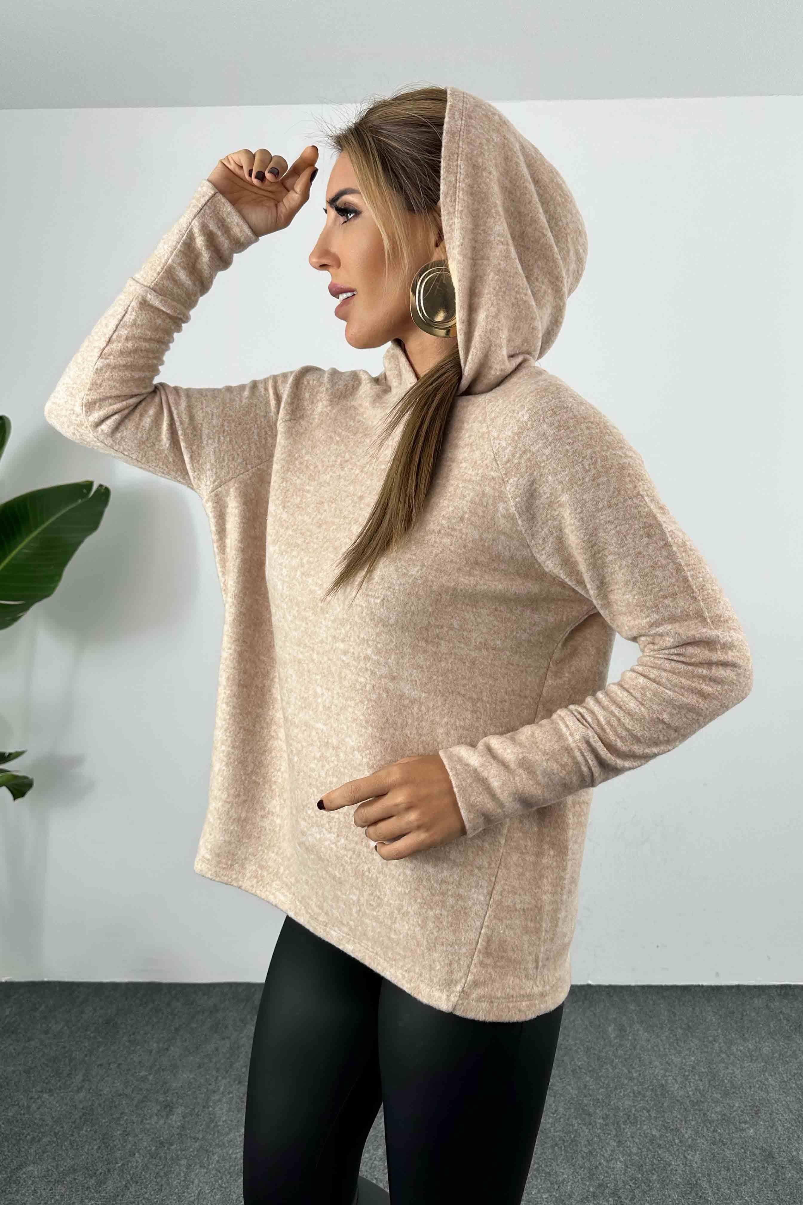 Yumoş Kumaş Kapüşonlu Kadın Sweatshirt Sütlü Kahve