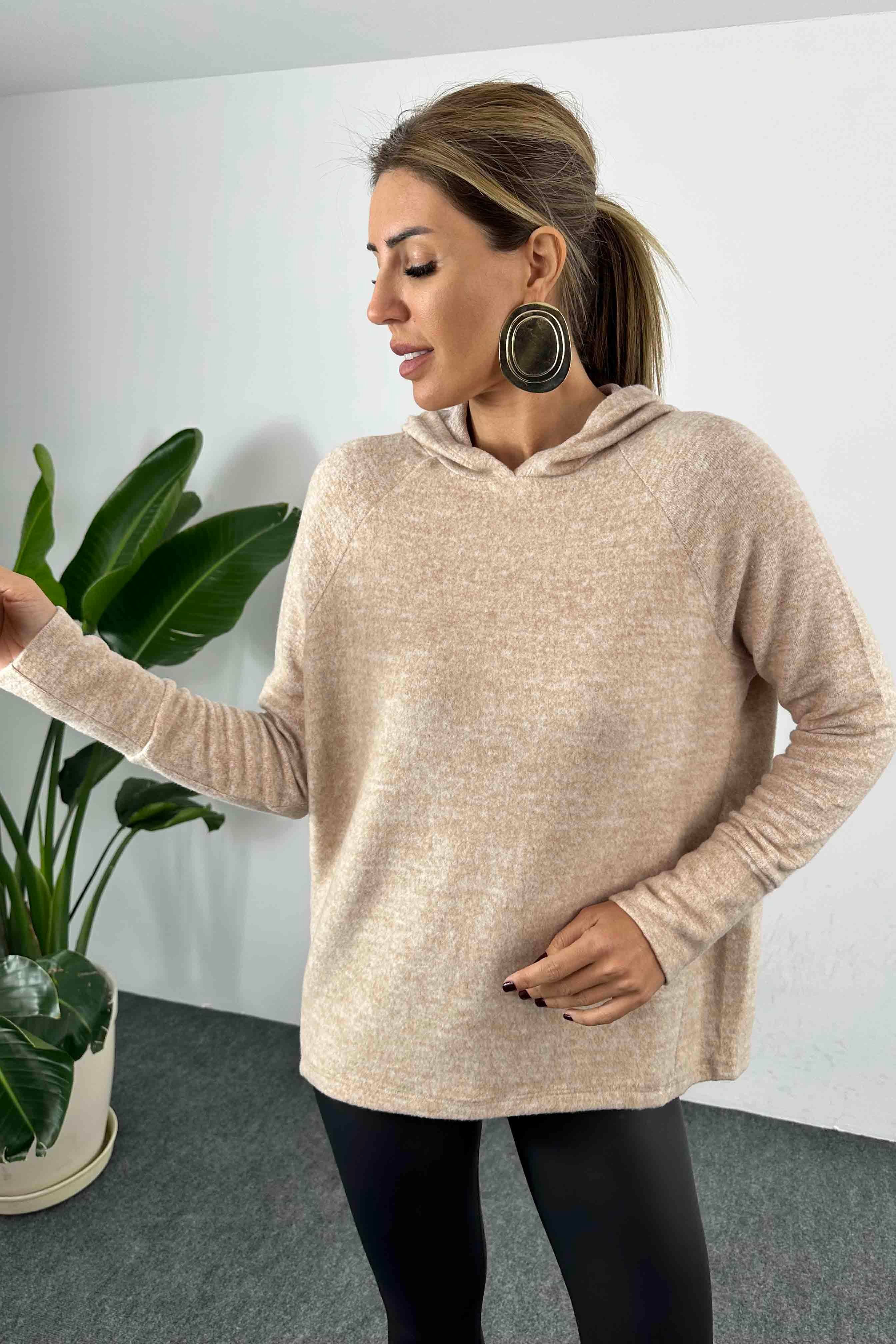 Yumoş Kumaş Kapüşonlu Kadın Sweatshirt Sütlü Kahve