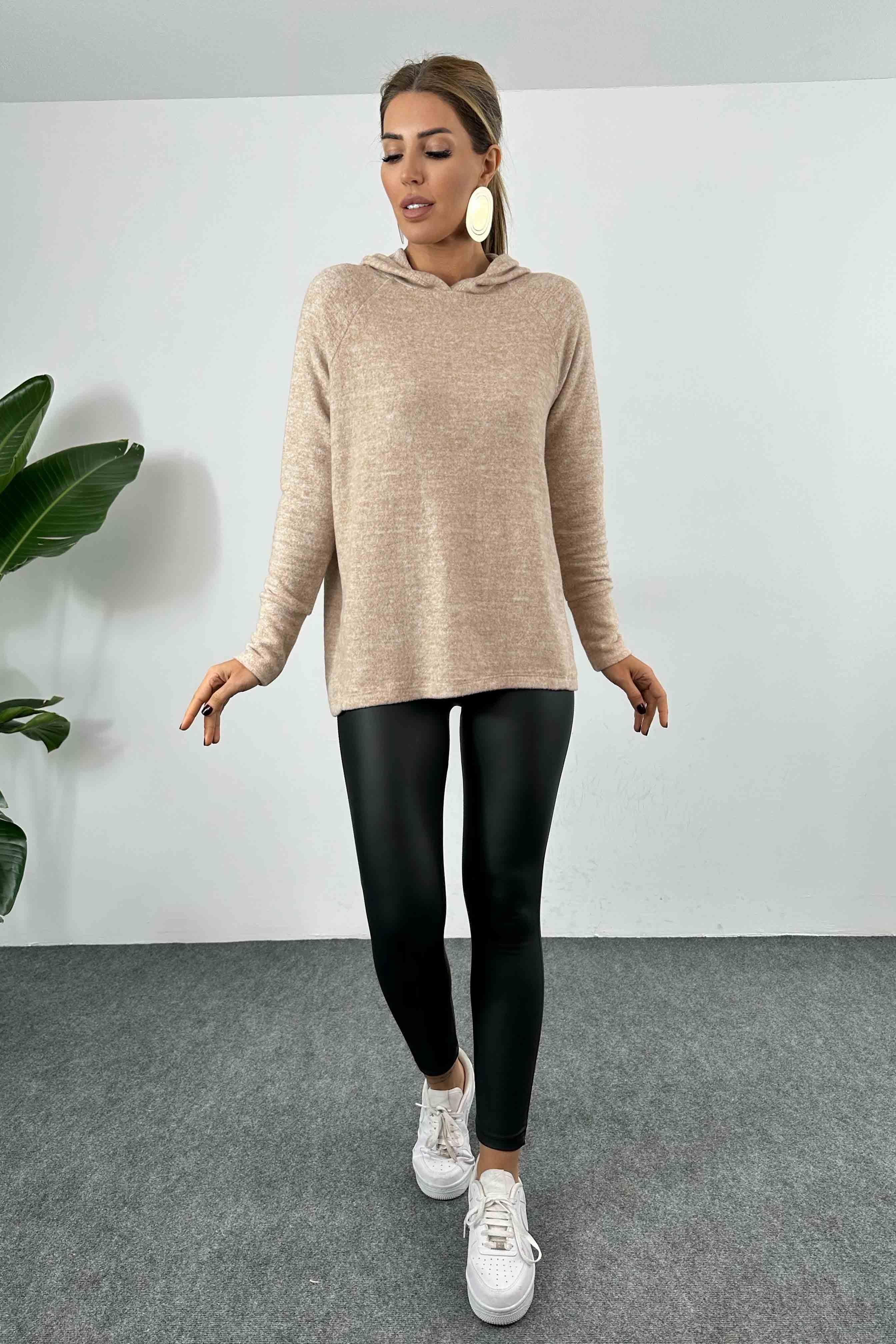 Yumoş Kumaş Kapüşonlu Kadın Sweatshirt Sütlü Kahve