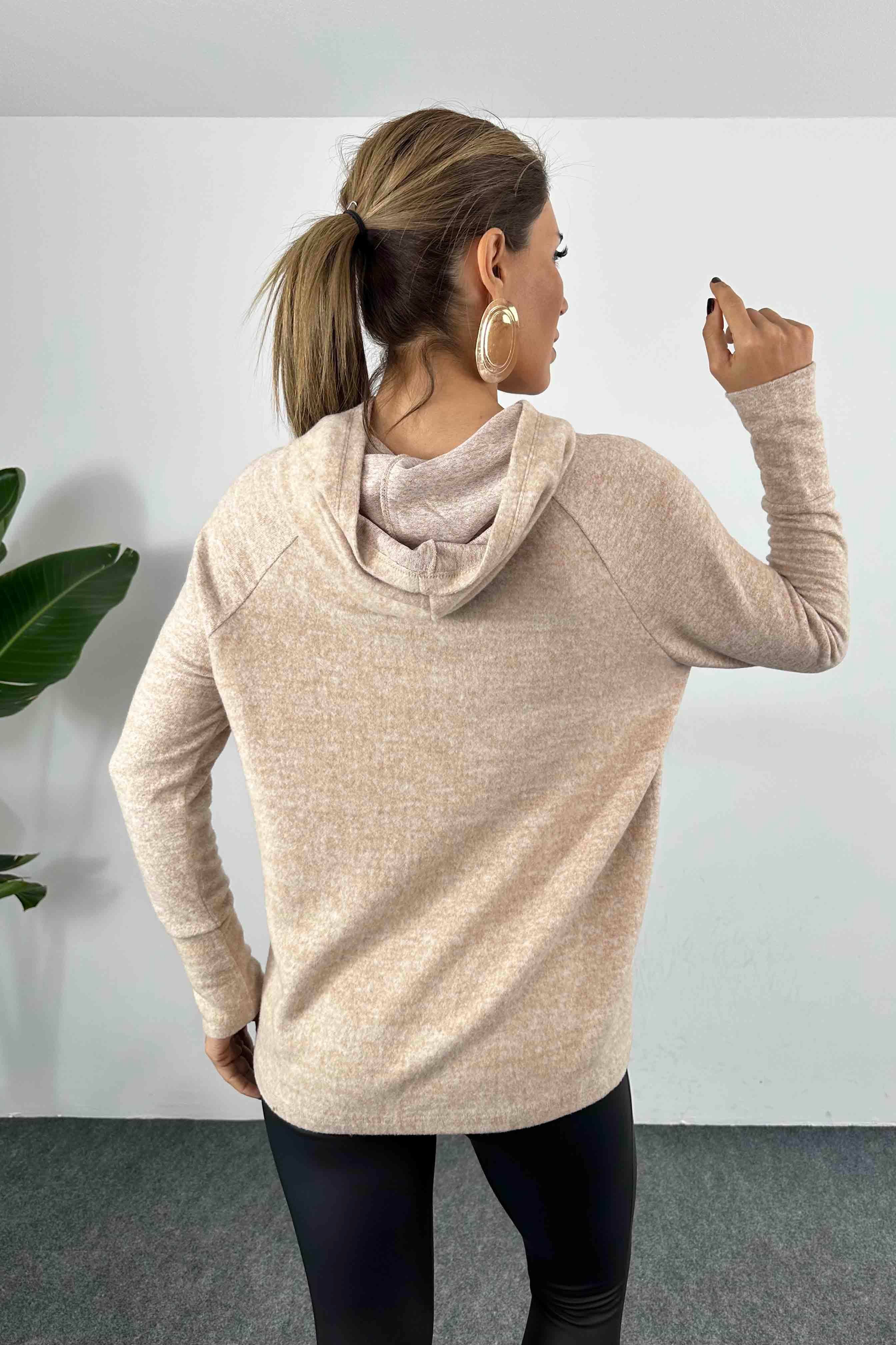 Yumoş Kumaş Kapüşonlu Kadın Sweatshirt Sütlü Kahve