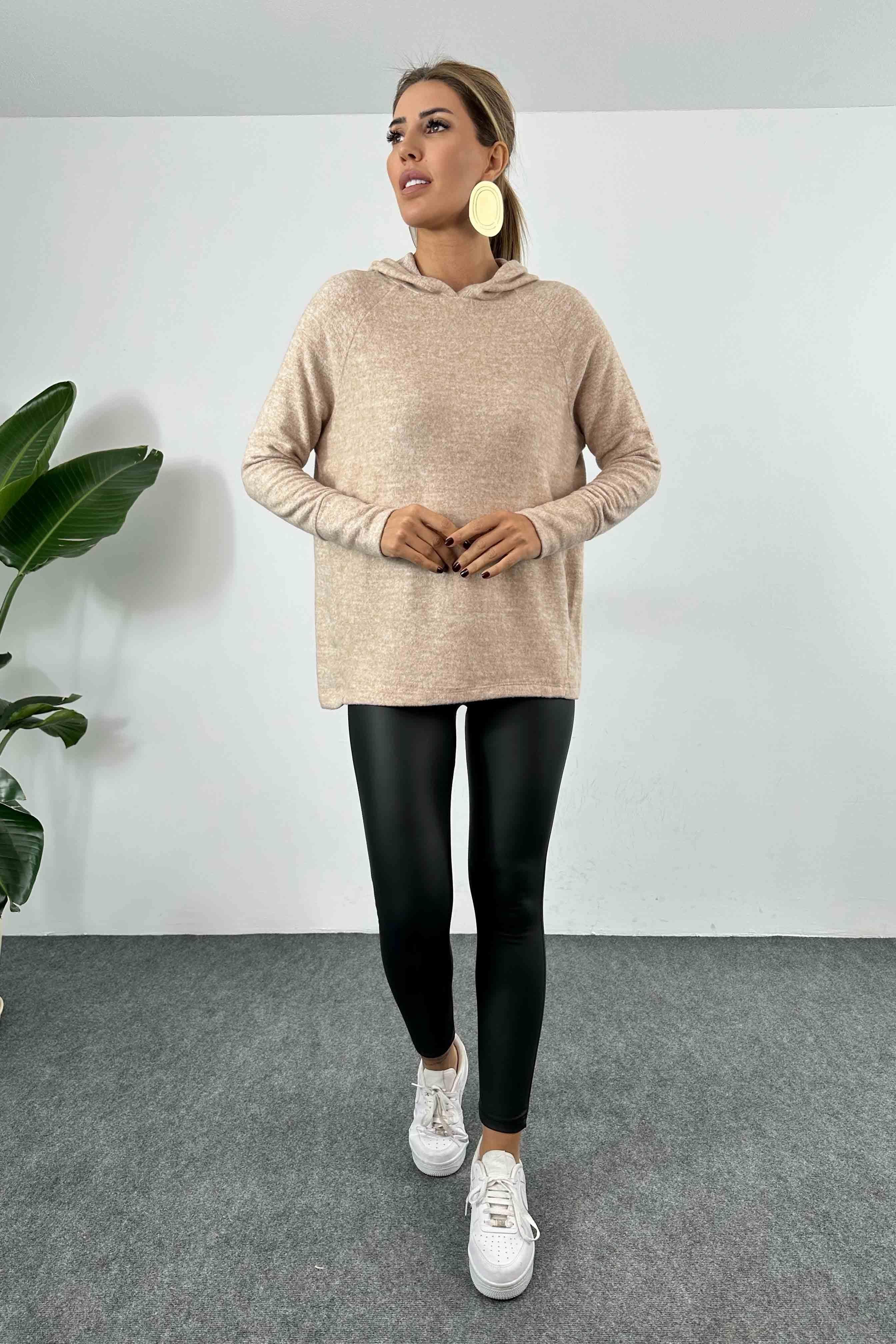 Yumoş Kumaş Kapüşonlu Kadın Sweatshirt Sütlü Kahve