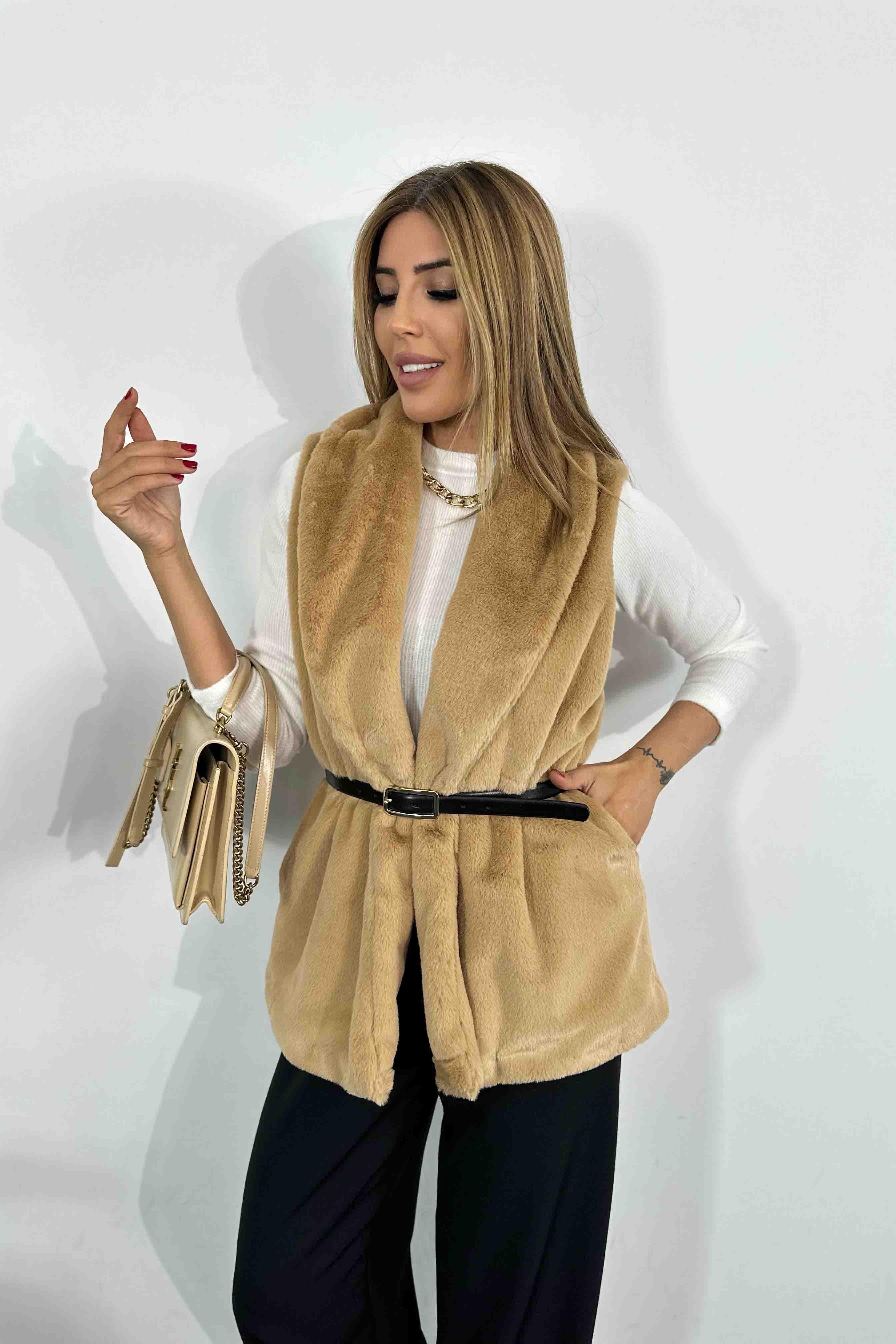 Yumoş Kürklü Şal Yaka Yelek Camel