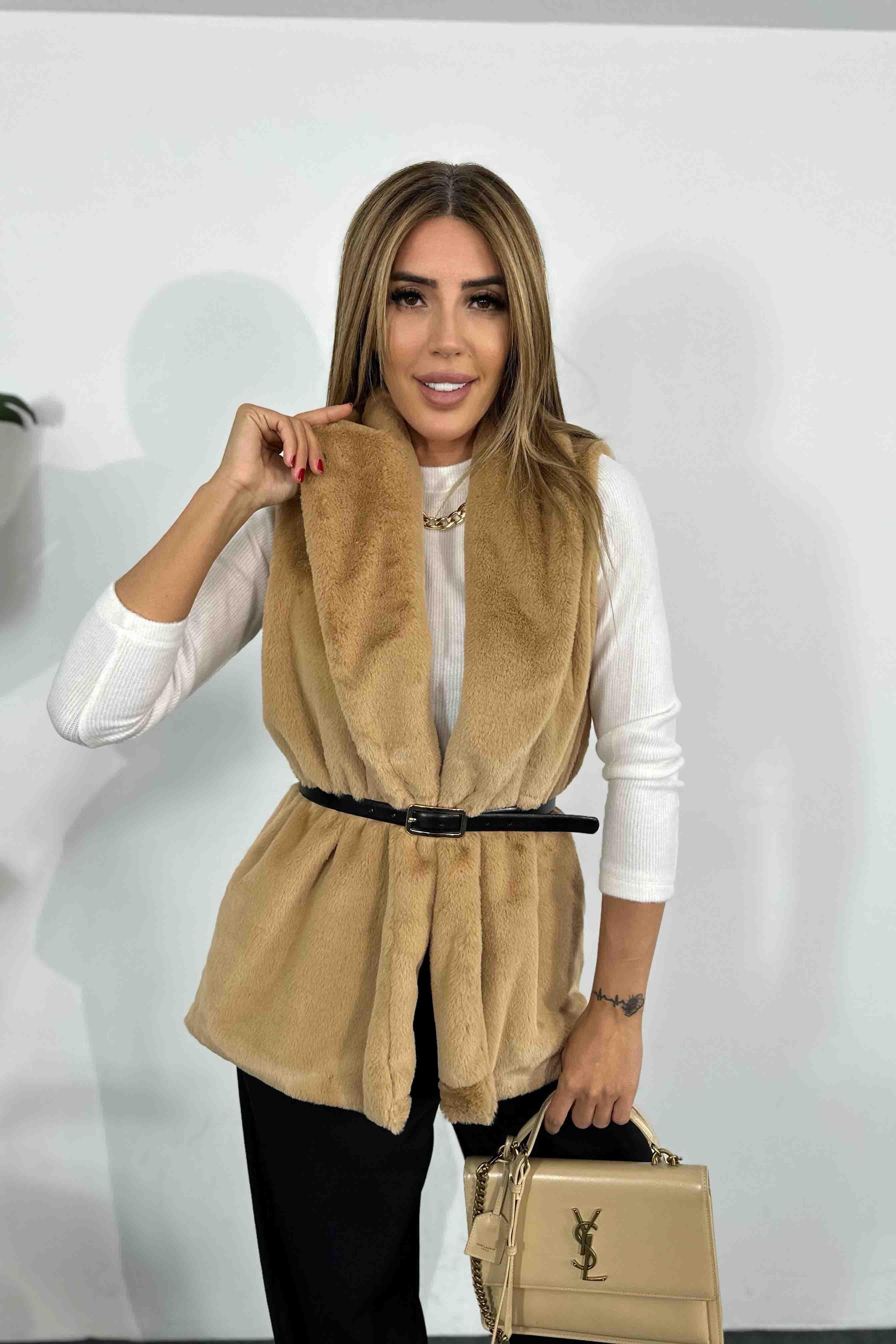 Yumoş Kürklü Şal Yaka Yelek Camel