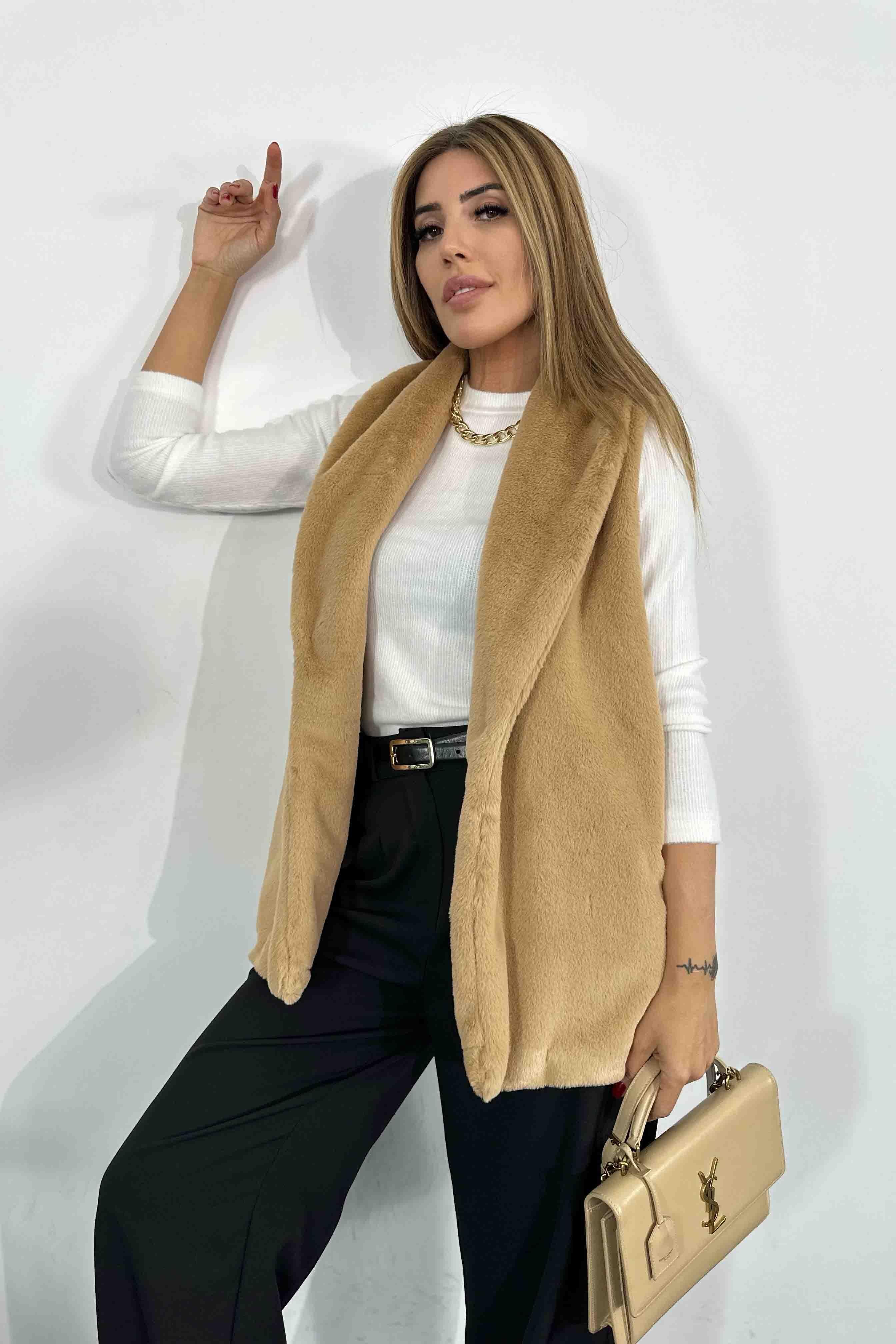 Yumoş Kürklü Şal Yaka Yelek Camel