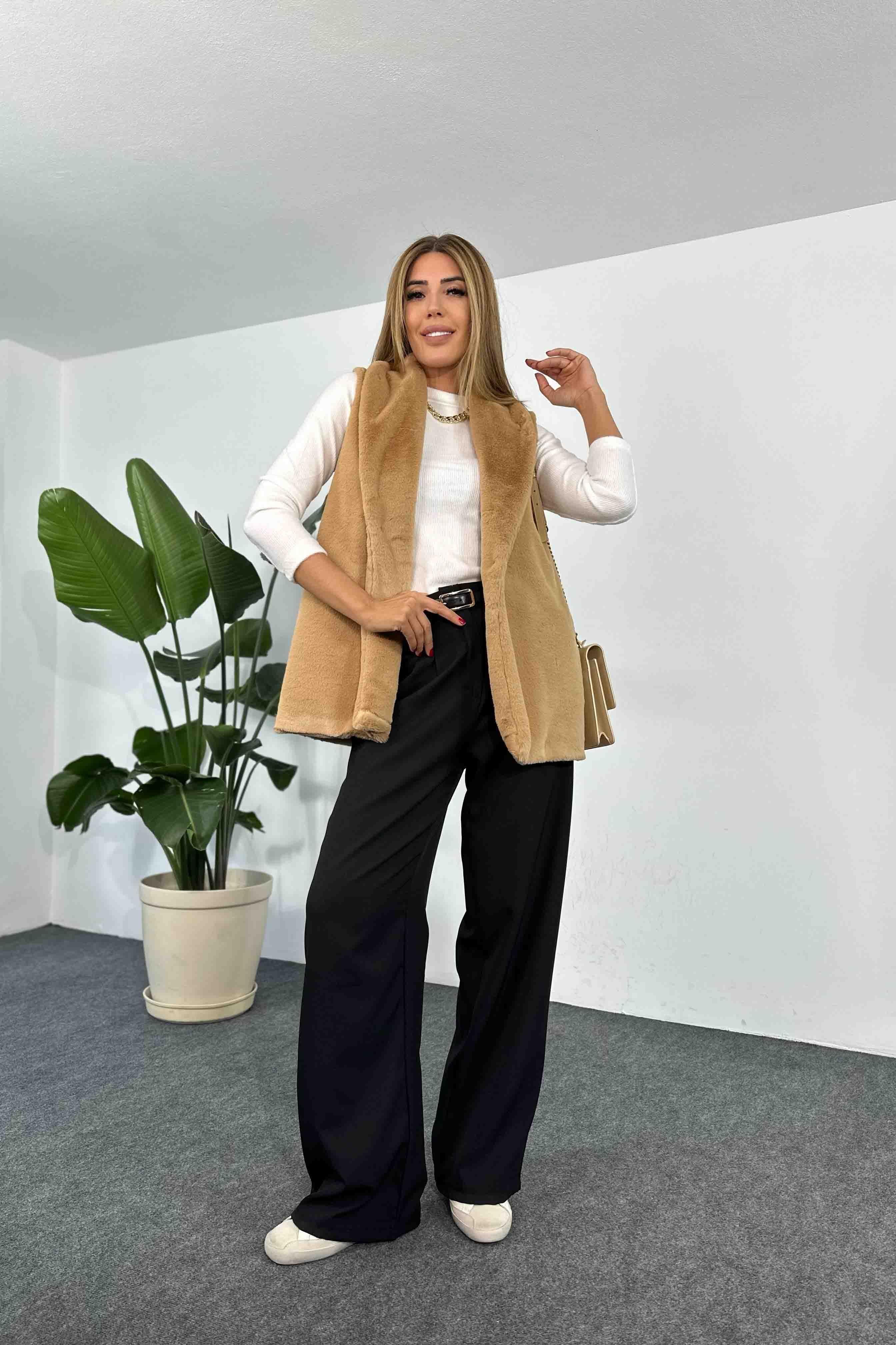 Yumoş Kürklü Şal Yaka Yelek Camel