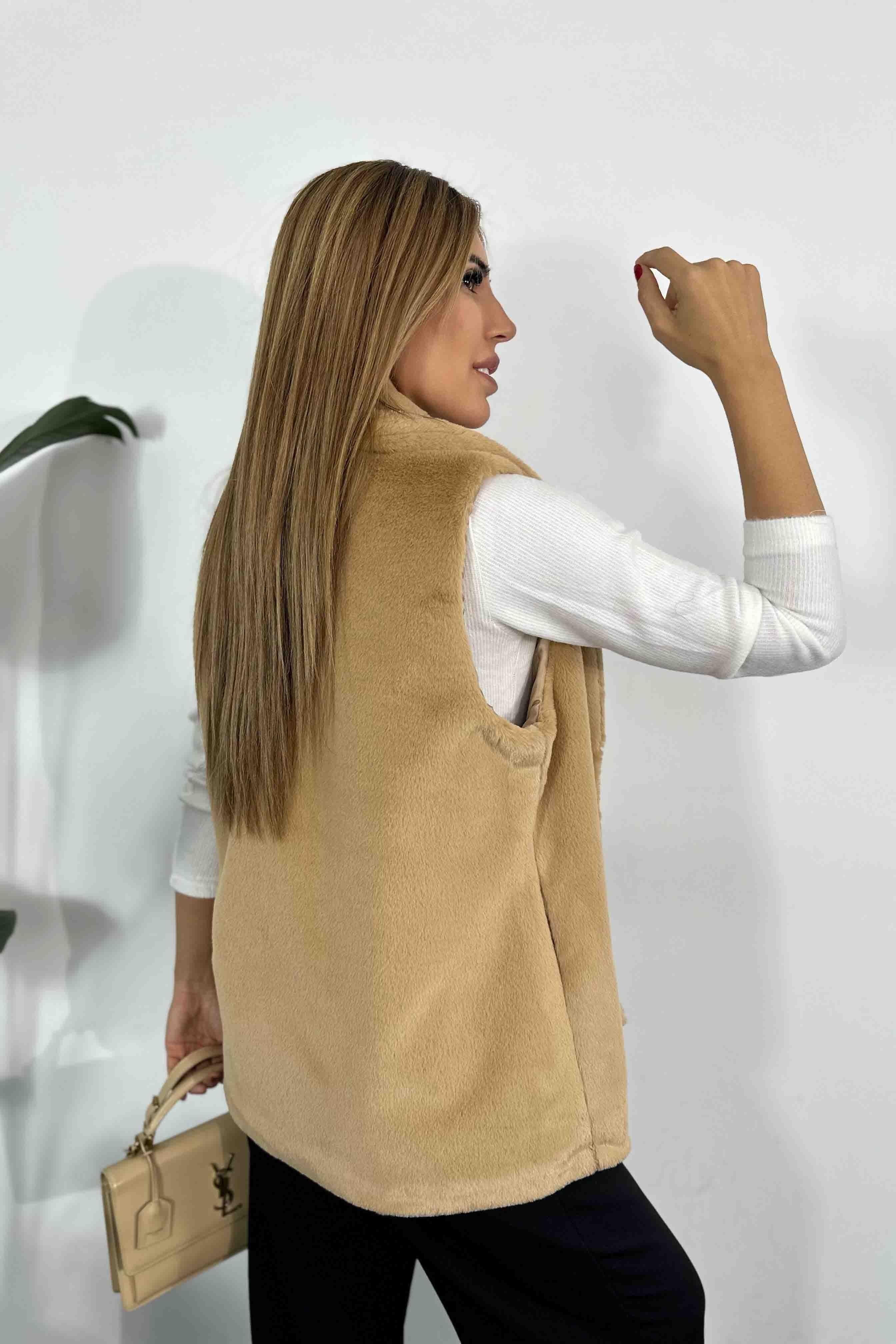 Yumoş Kürklü Şal Yaka Yelek Camel