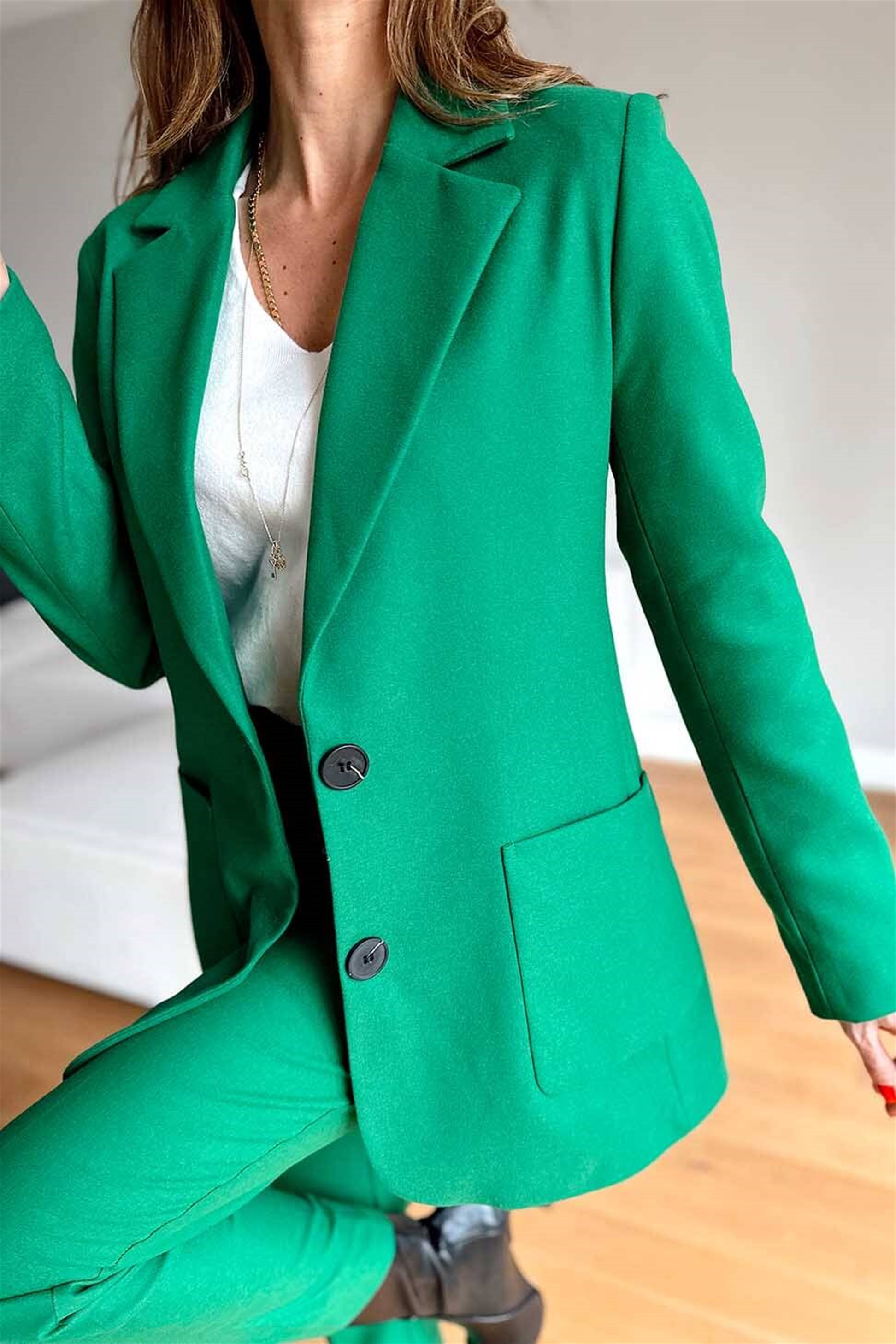 Yünlü Blazer Ceket Pantolon Kadın Takım Yeşil