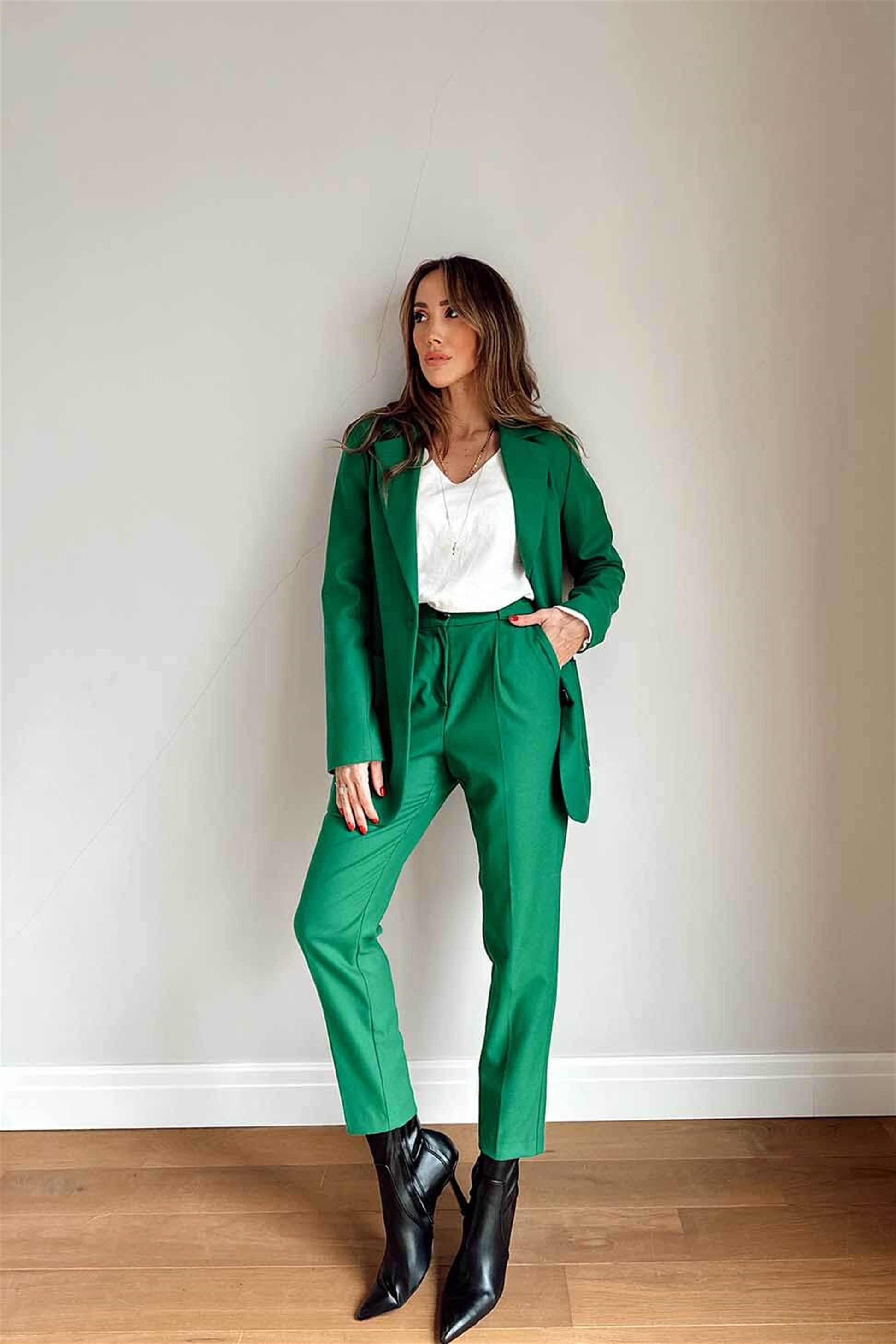 Yünlü Blazer Ceket Pantolon Kadın Takım Yeşil