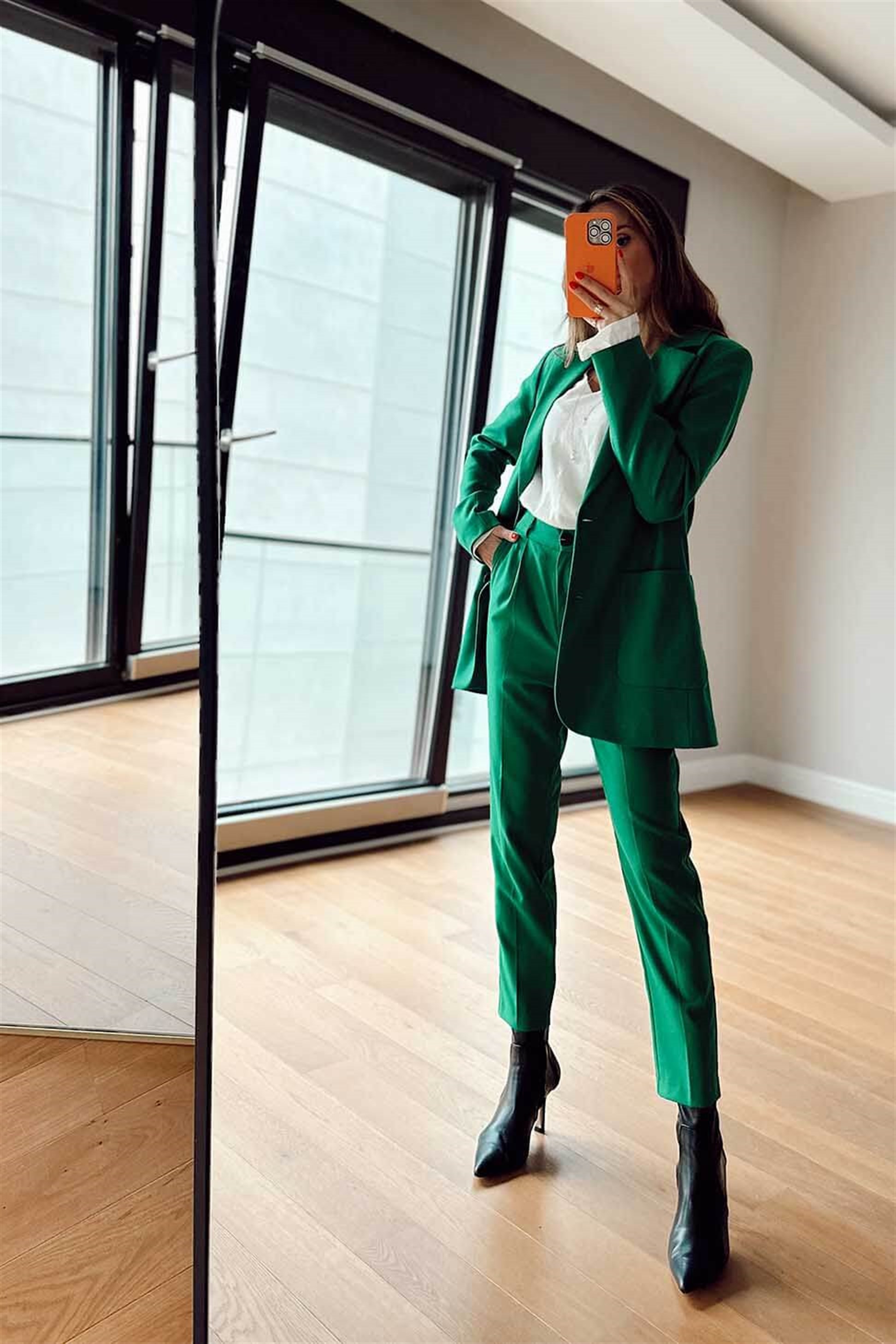 Yünlü Blazer Ceket Pantolon Kadın Takım Yeşil