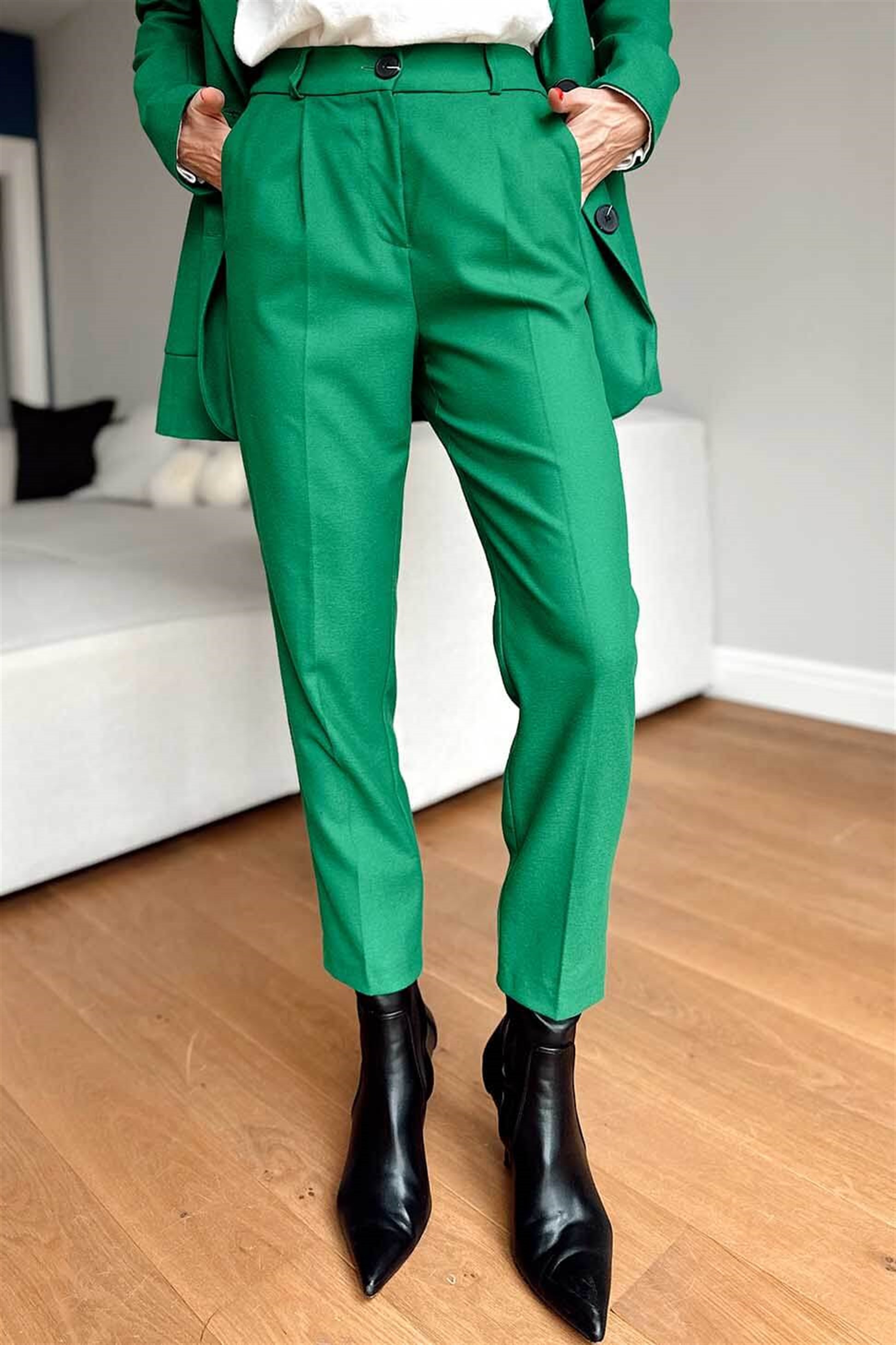 Yünlü Blazer Ceket Pantolon Kadın Takım Yeşil