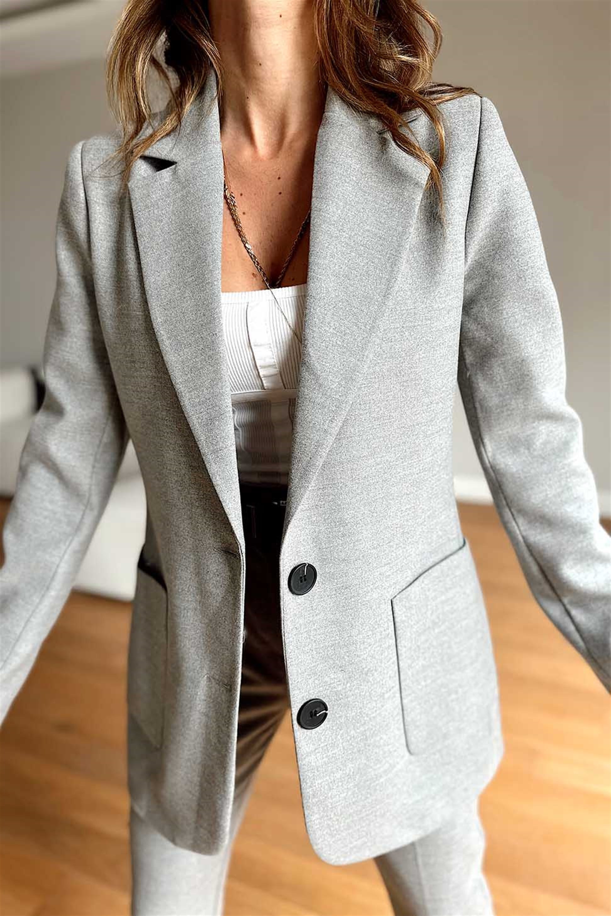 Yünlü Blazer Ceket Pantolon Kadın Takım Gri