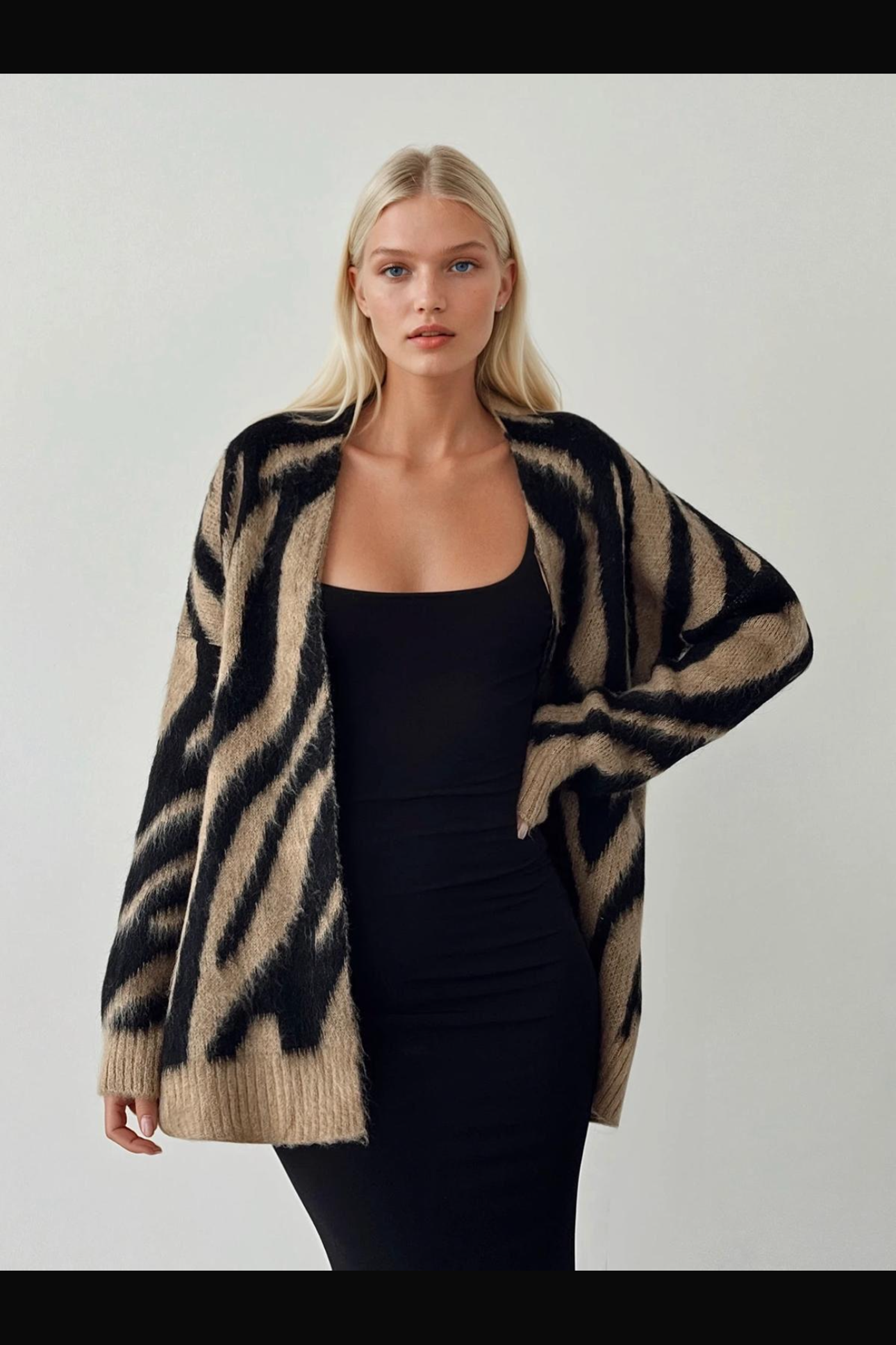 Zebra Desen Oversize Triko Hırka Sütlü Kahve