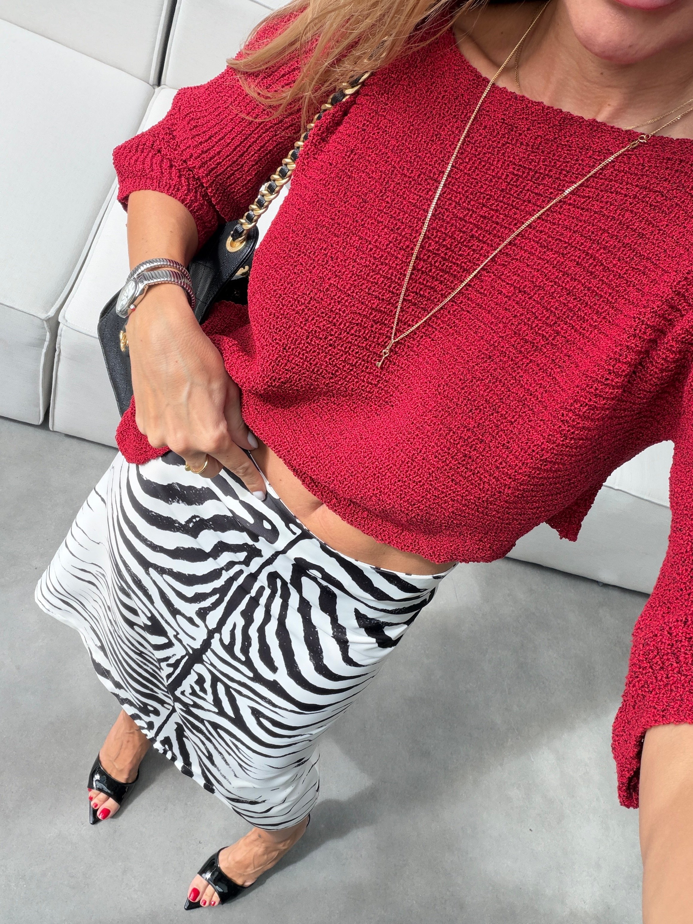 Zebra Desen Saten Midi Etek