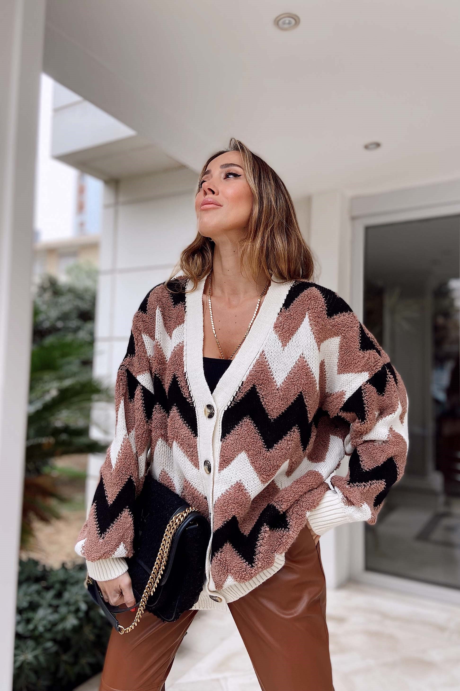 Zigzag Desenli Oversize Salaş Hırka Krem Vizon