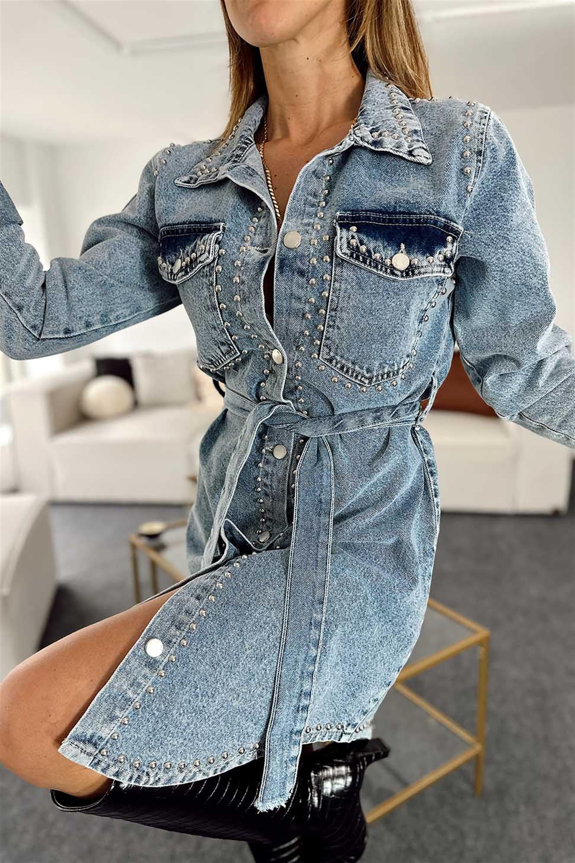Zımba Detay Düğmeli Denim Elbise Mavi