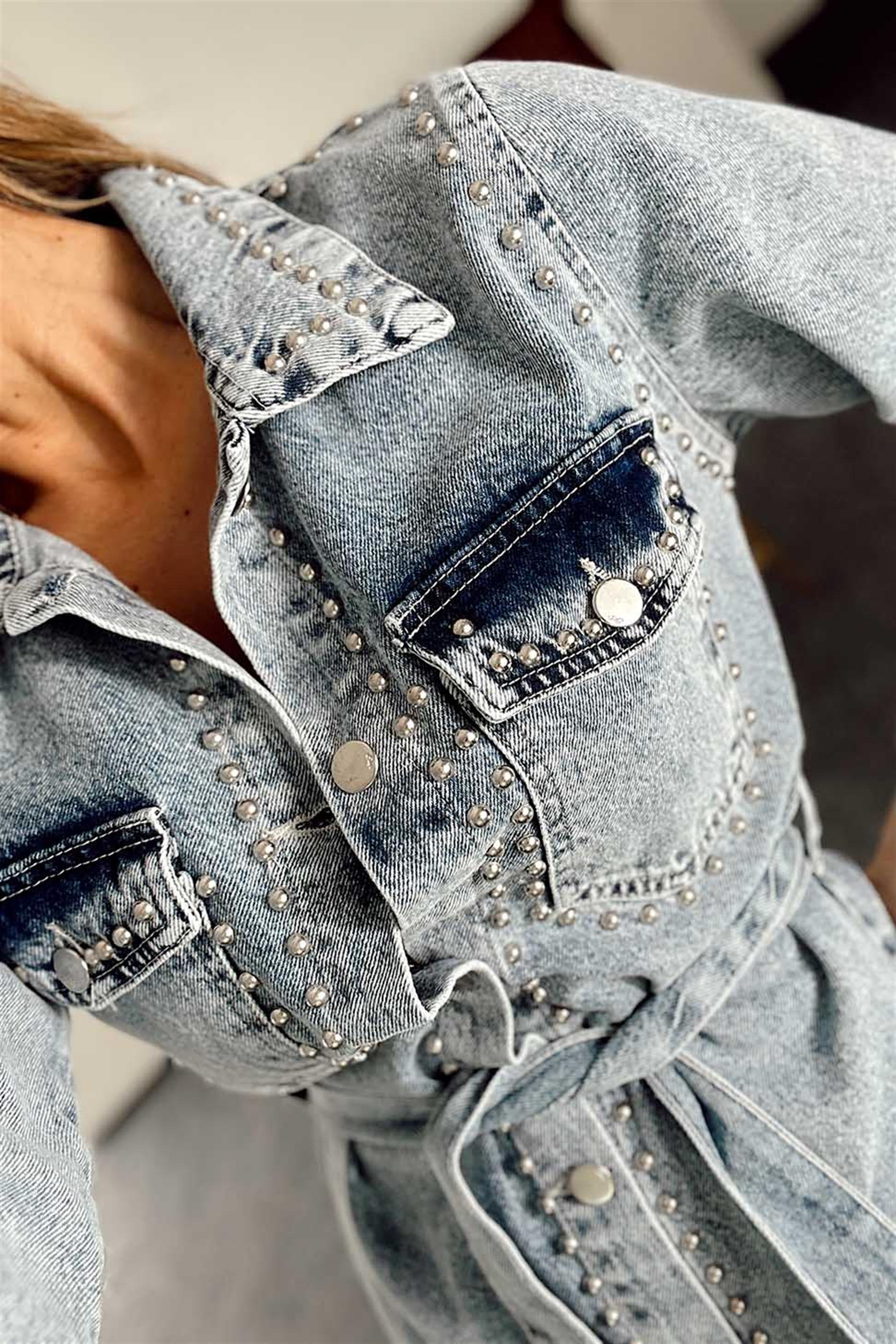 Zımba Detay Düğmeli Denim Elbise Mavi