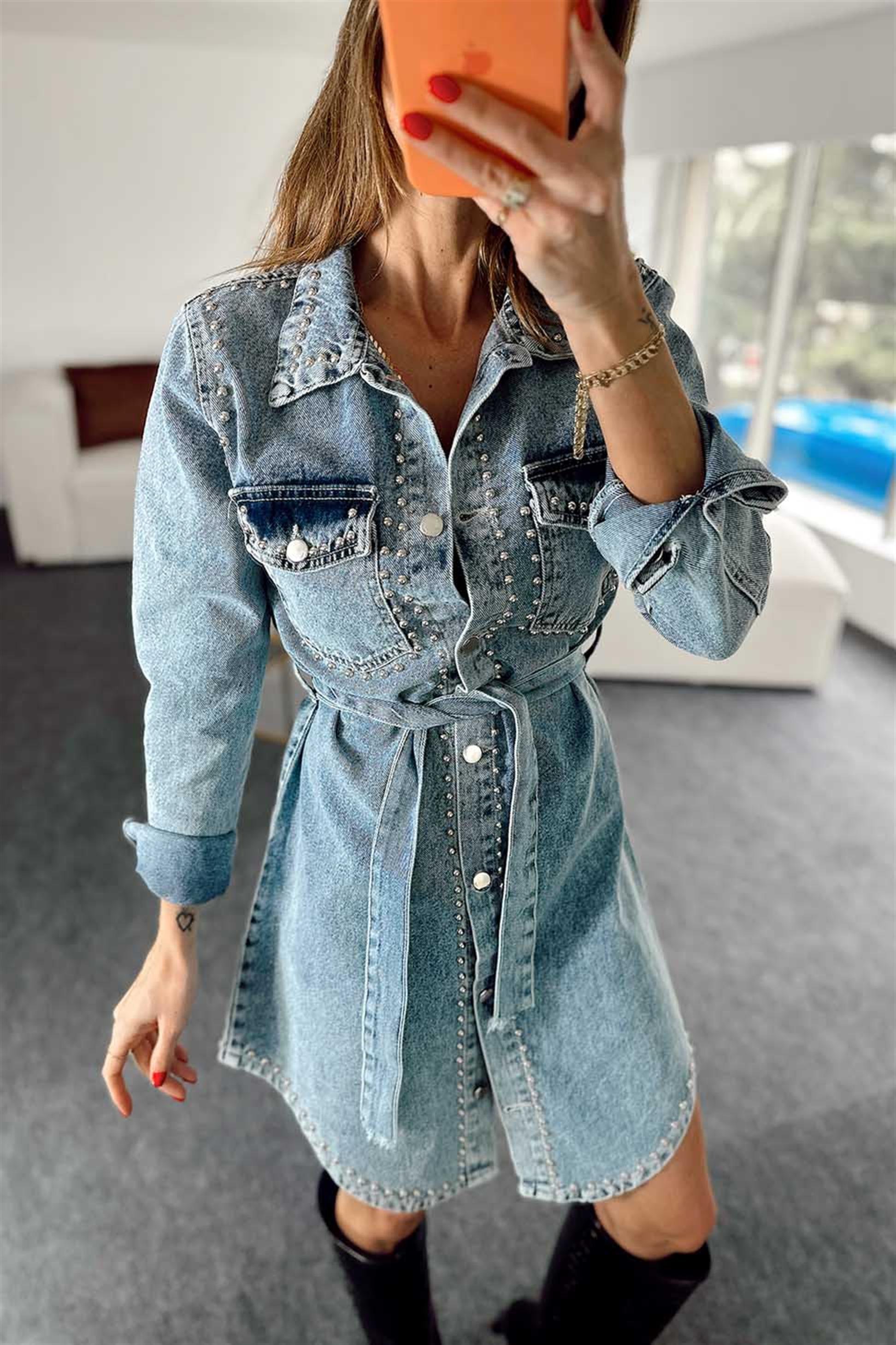 Zımba Detay Düğmeli Denim Elbise Mavi