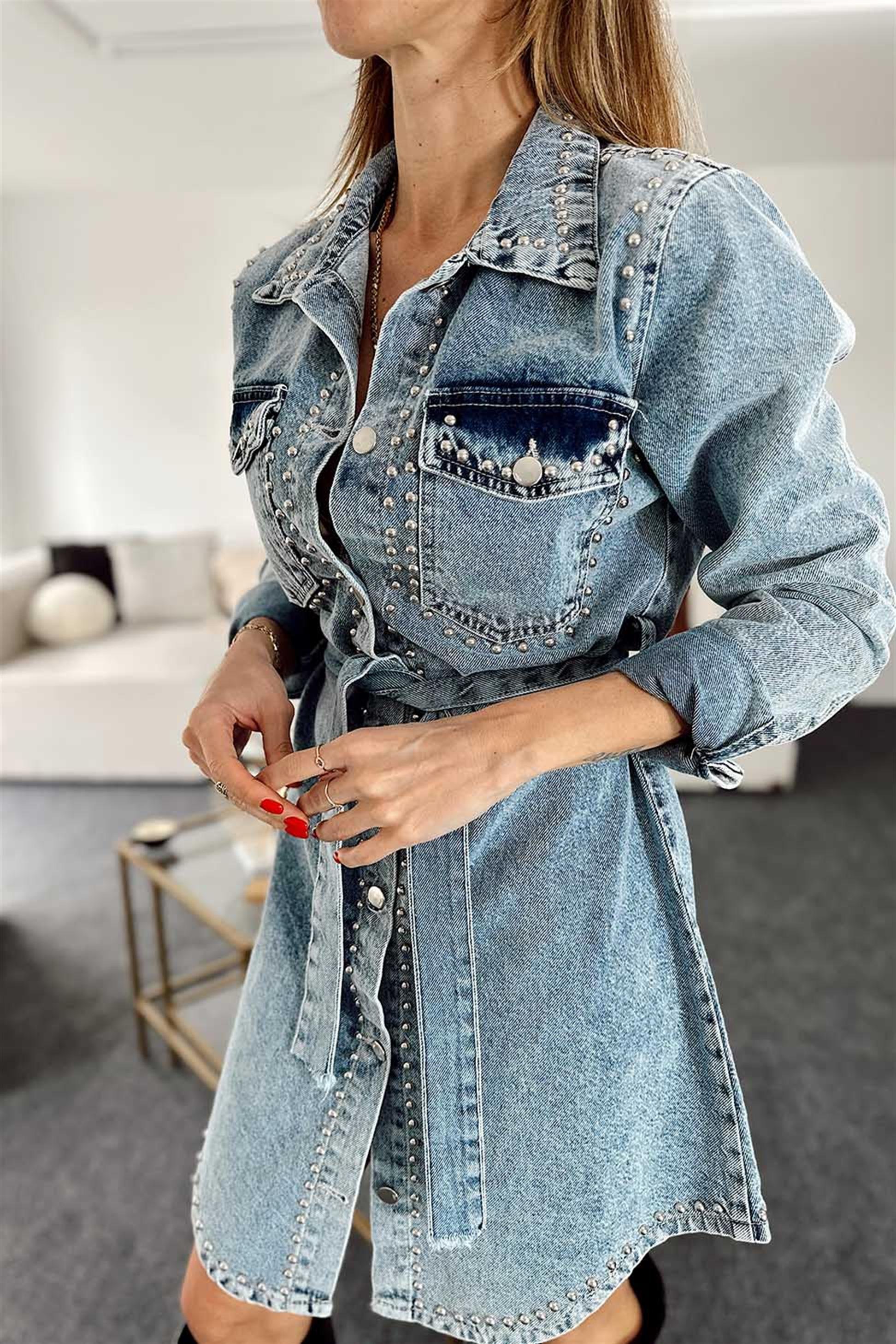 Zımba Detay Düğmeli Denim Elbise Mavi