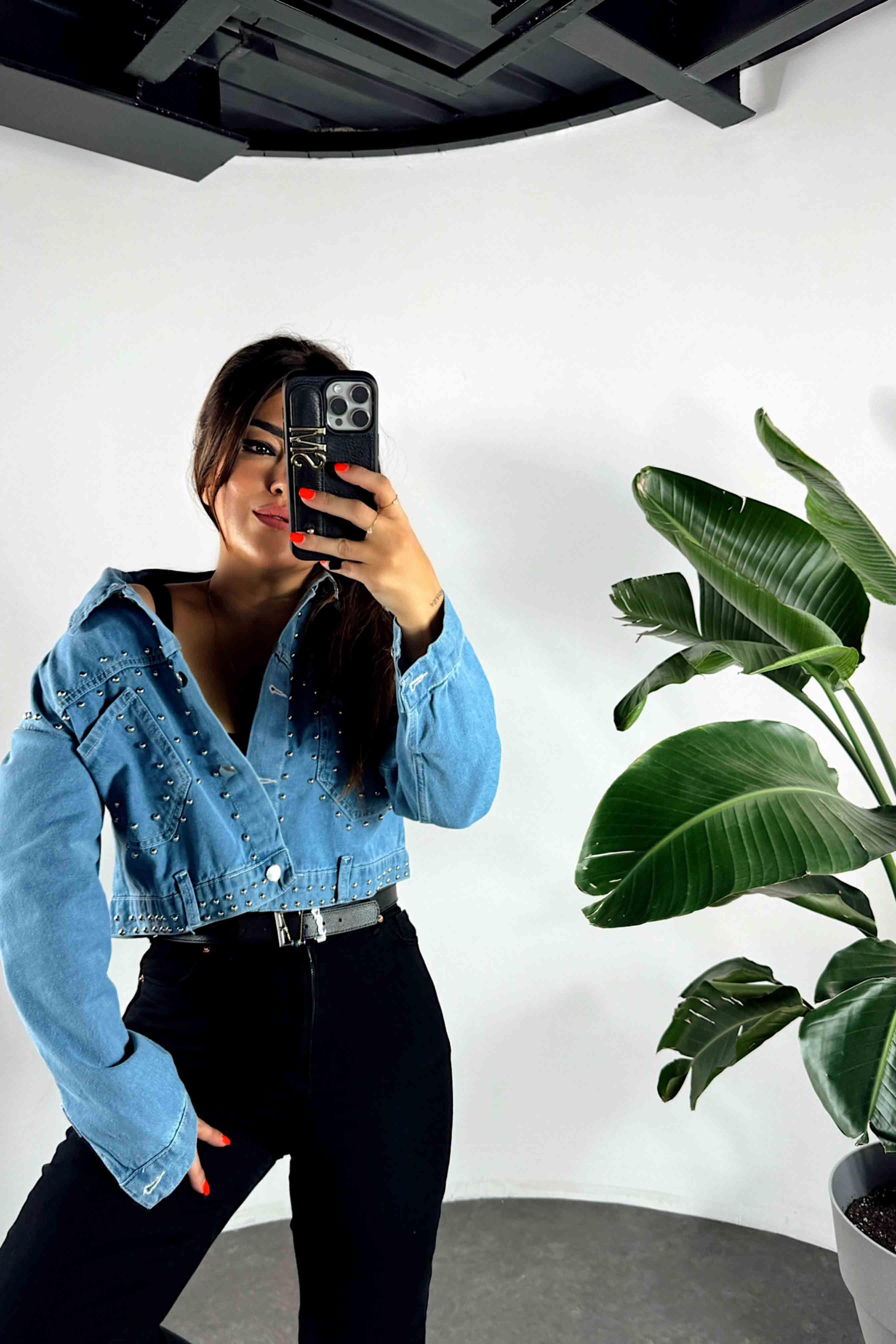 Zımba Detay Tasarım Denim Ceket Mavi