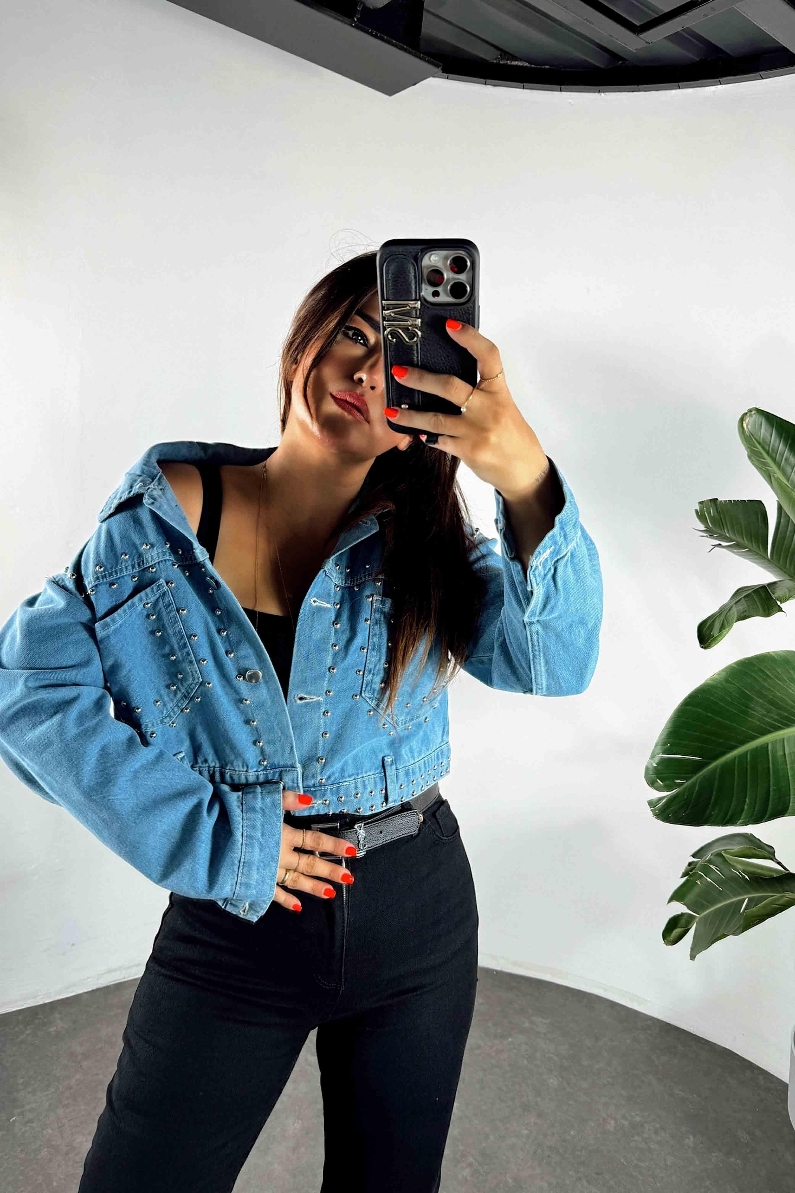 Zımba Detay Tasarım Denim Ceket Mavi