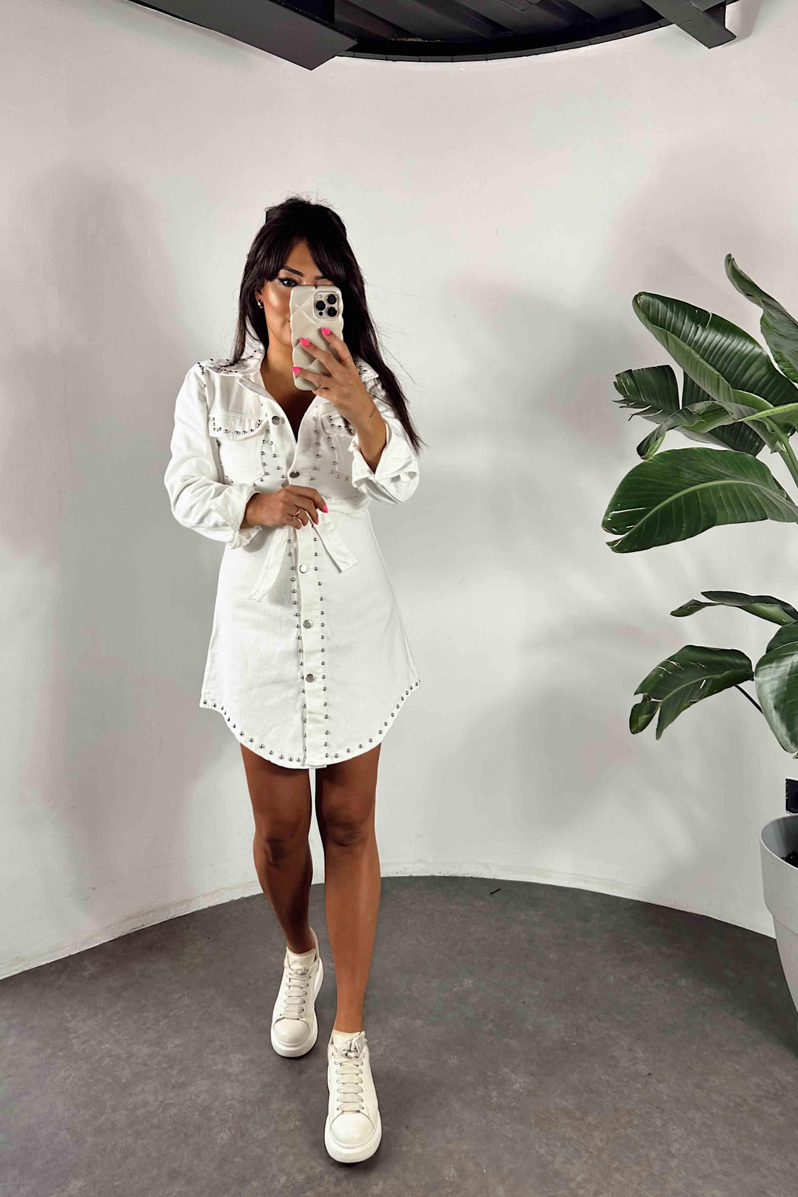 Zımba Detaylı Mini Denim Kadın Elbise Beyaz