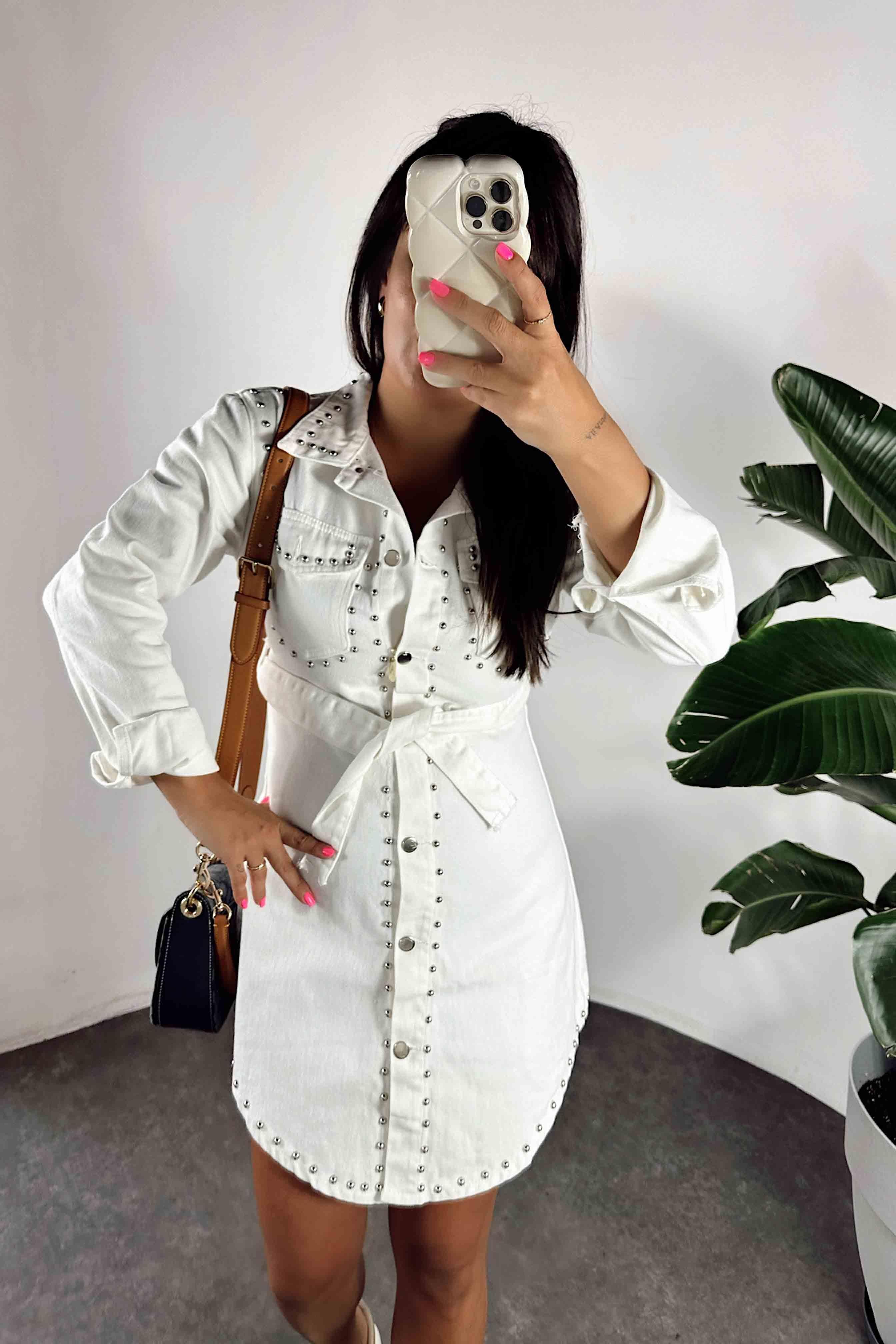 Zımba Detaylı Mini Denim Kadın Elbise Beyaz