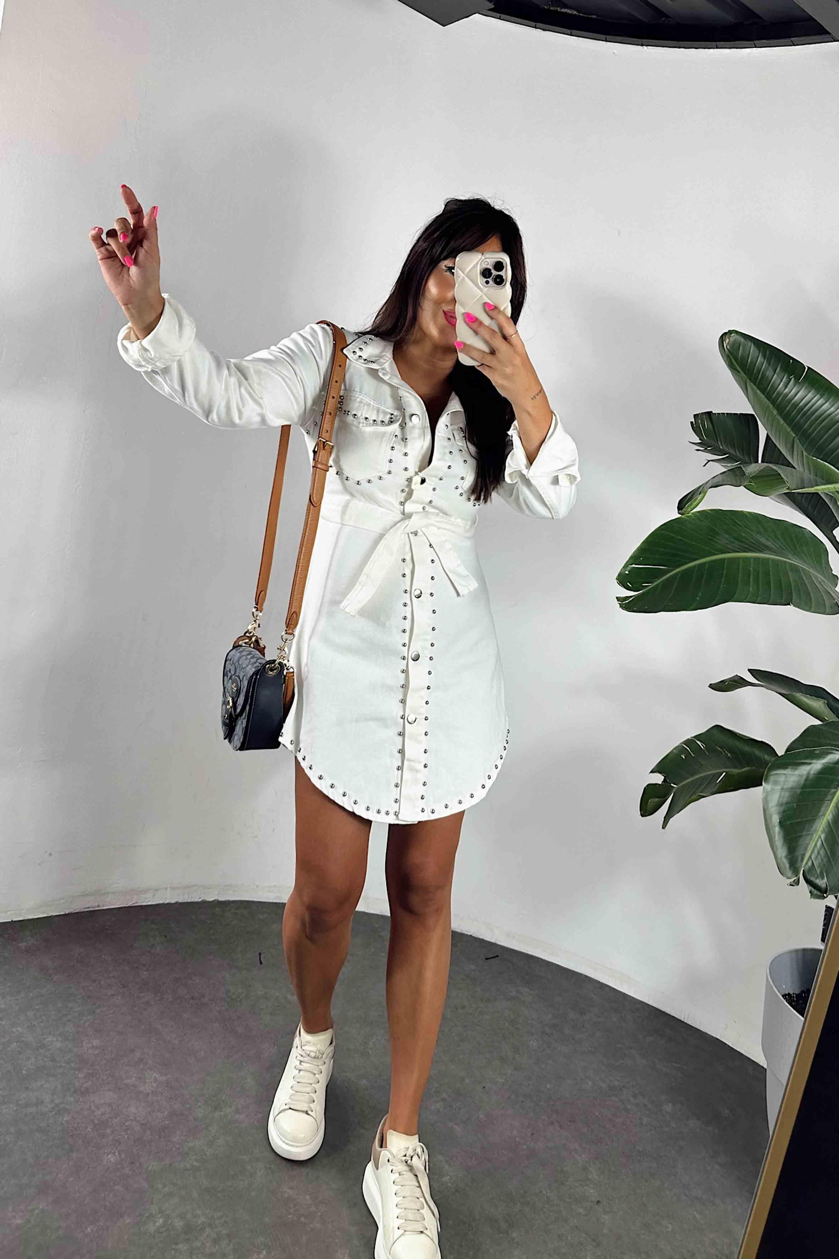 Zımba Detaylı Mini Denim Kadın Elbise Beyaz