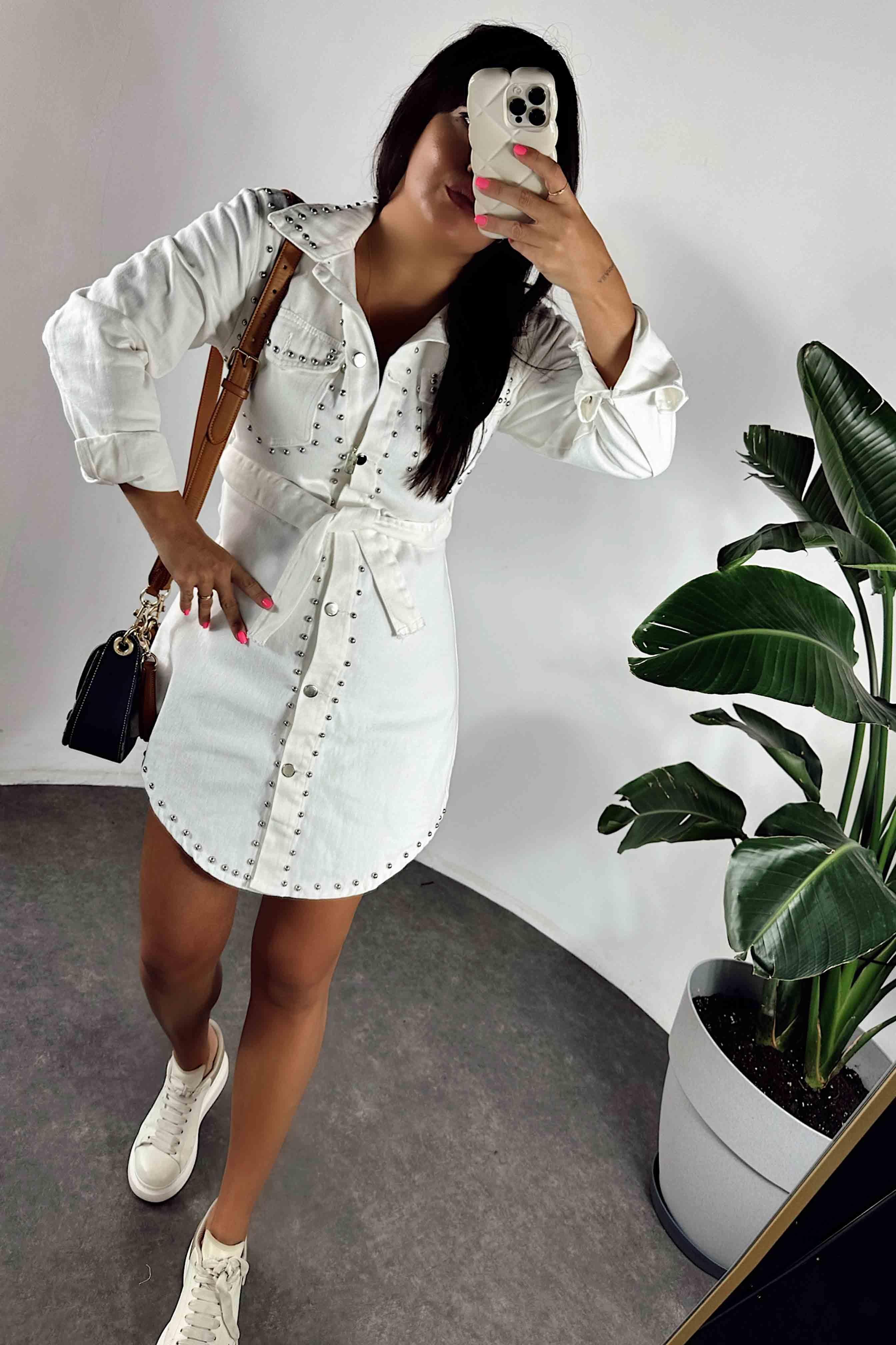 Zımba Detaylı Mini Denim Kadın Elbise Beyaz