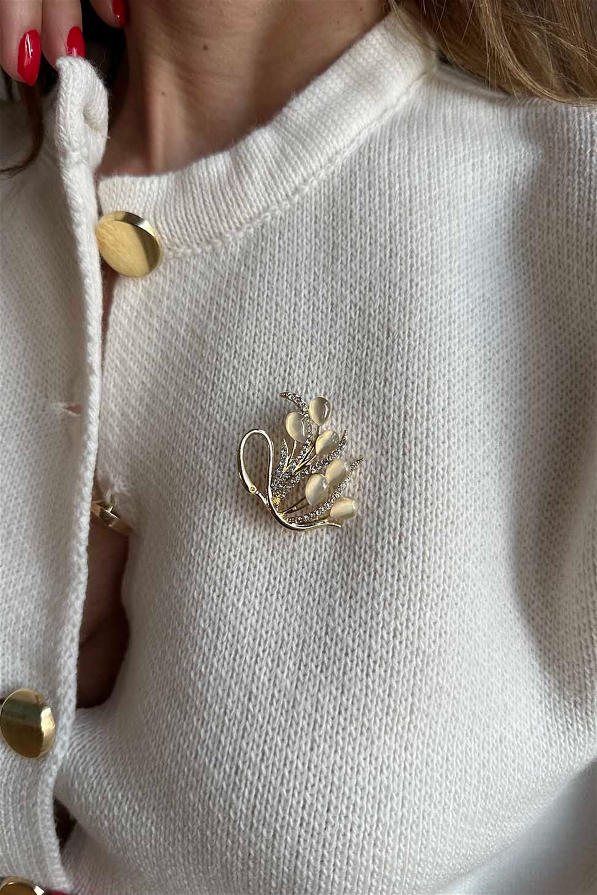 Zirkon Taşlı Gold Kuğu Broş