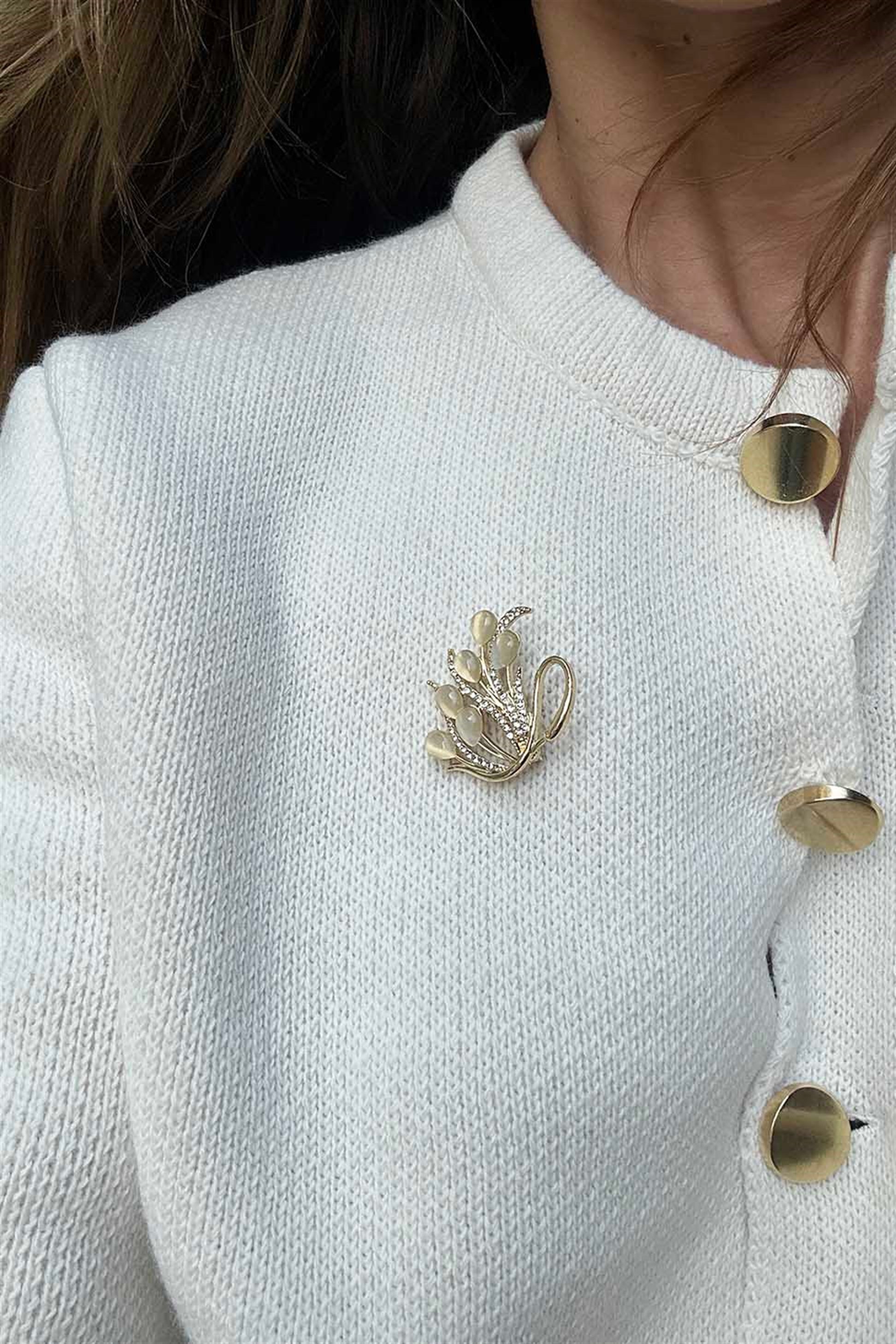Zirkon Taşlı Gold Kuğu Broş