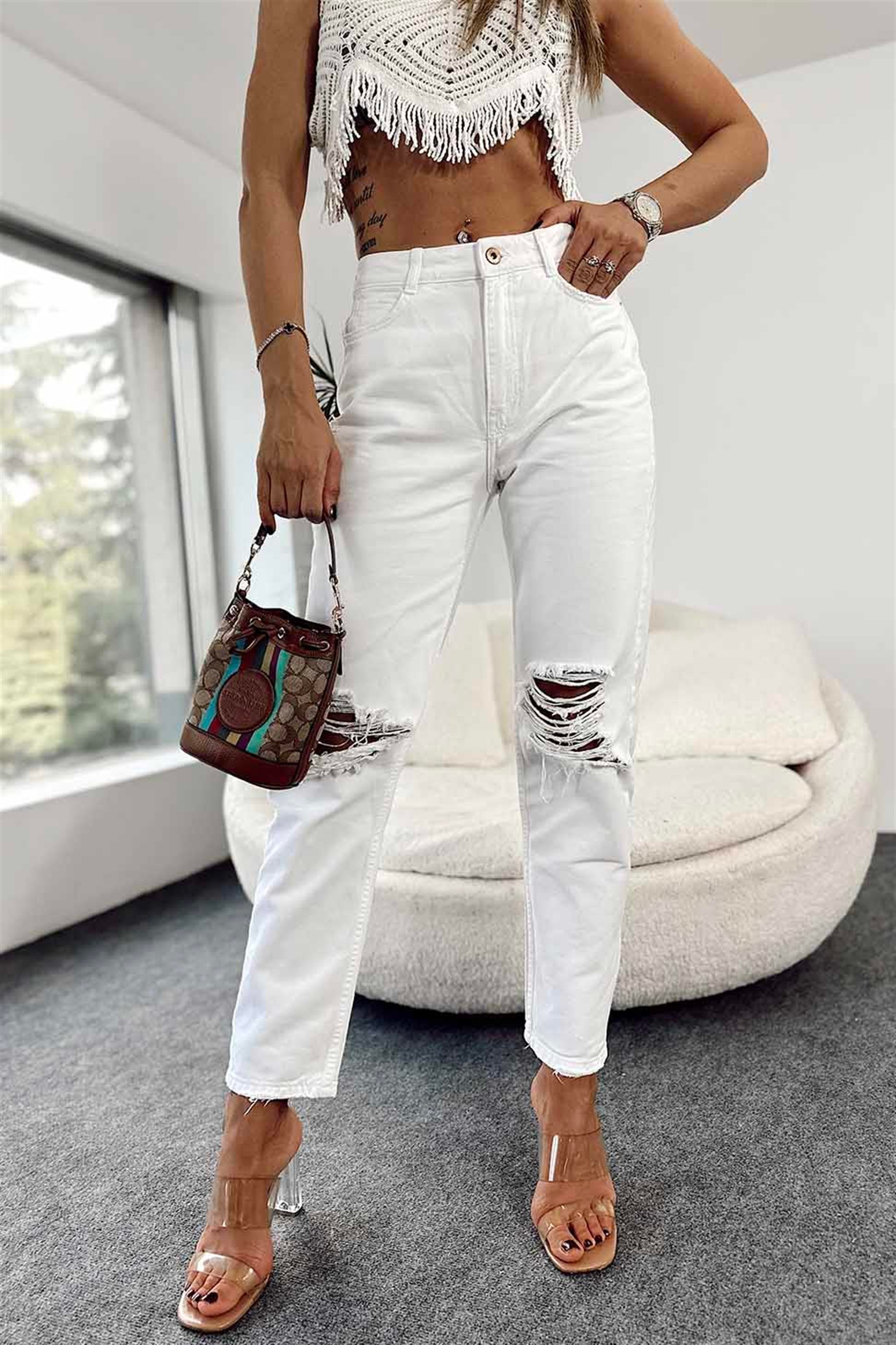 Zra Marka Model Dizi Yırtık Boyfriend Jean Pantolon Beyaz